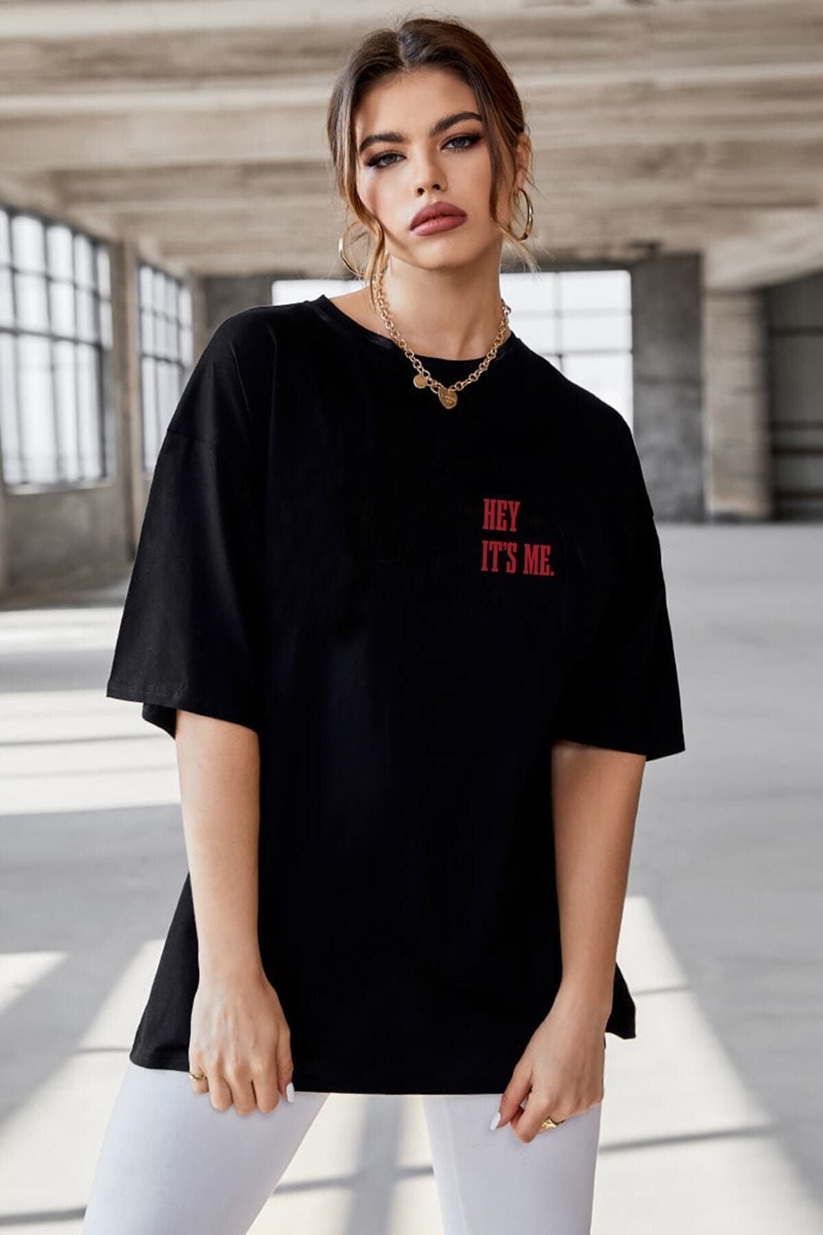 LOTS MODA KOPYA - KOPYA - Oversize Hey It's Me Baskılı Siyah Tshirt