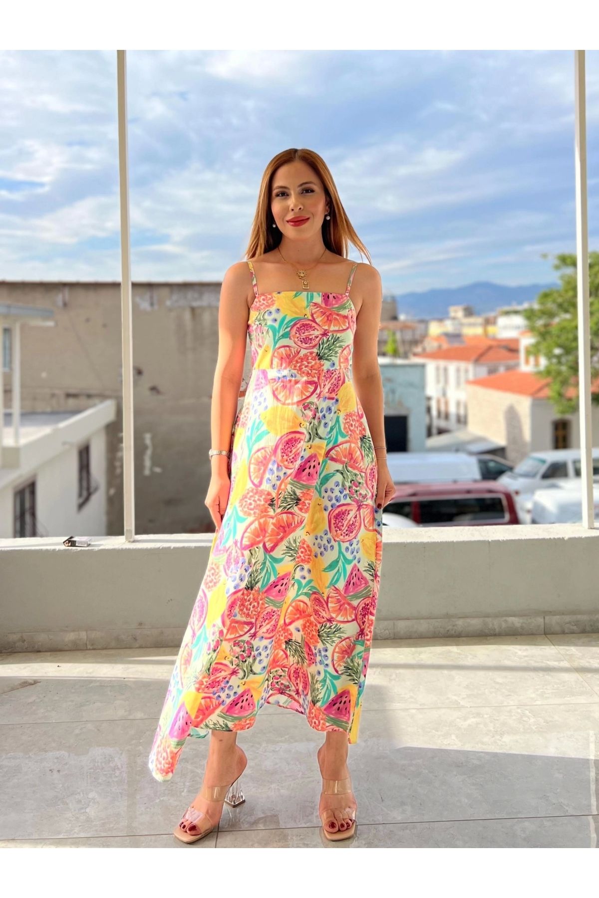 İrka Moda İp Askılı Desenli Keten Elbise Pembe