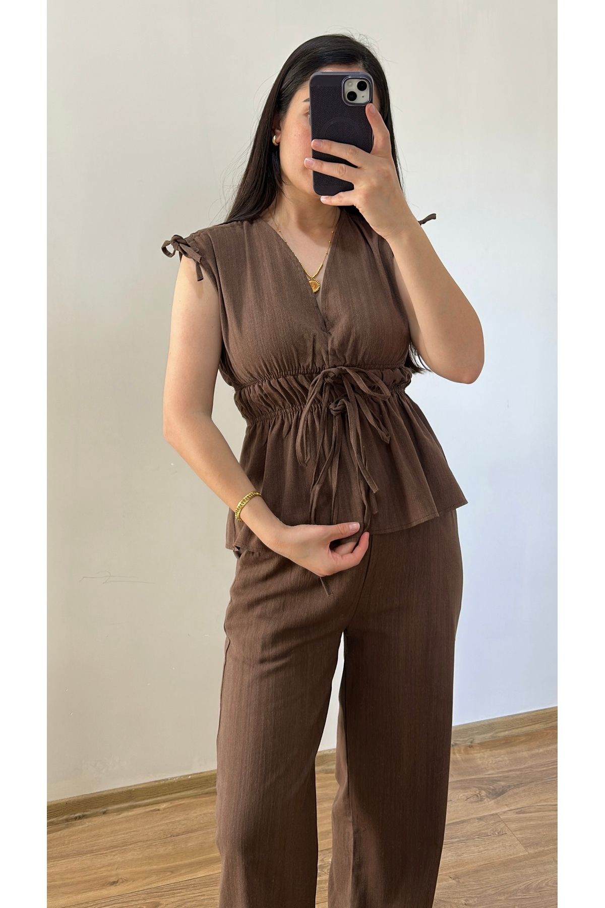 fikoşş Fikoşş Elina Keten Dokulu Kahve Bluz Pantolon Takım