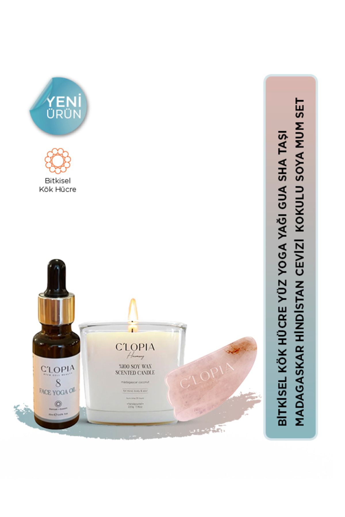C'LOPIA BEAUTY Yaşlanma Karşıtı Bitkisel Kök Hücre Yüz Yoga Yağı Pembe Kuvars Gua Sha Soya Mum Harmony Set