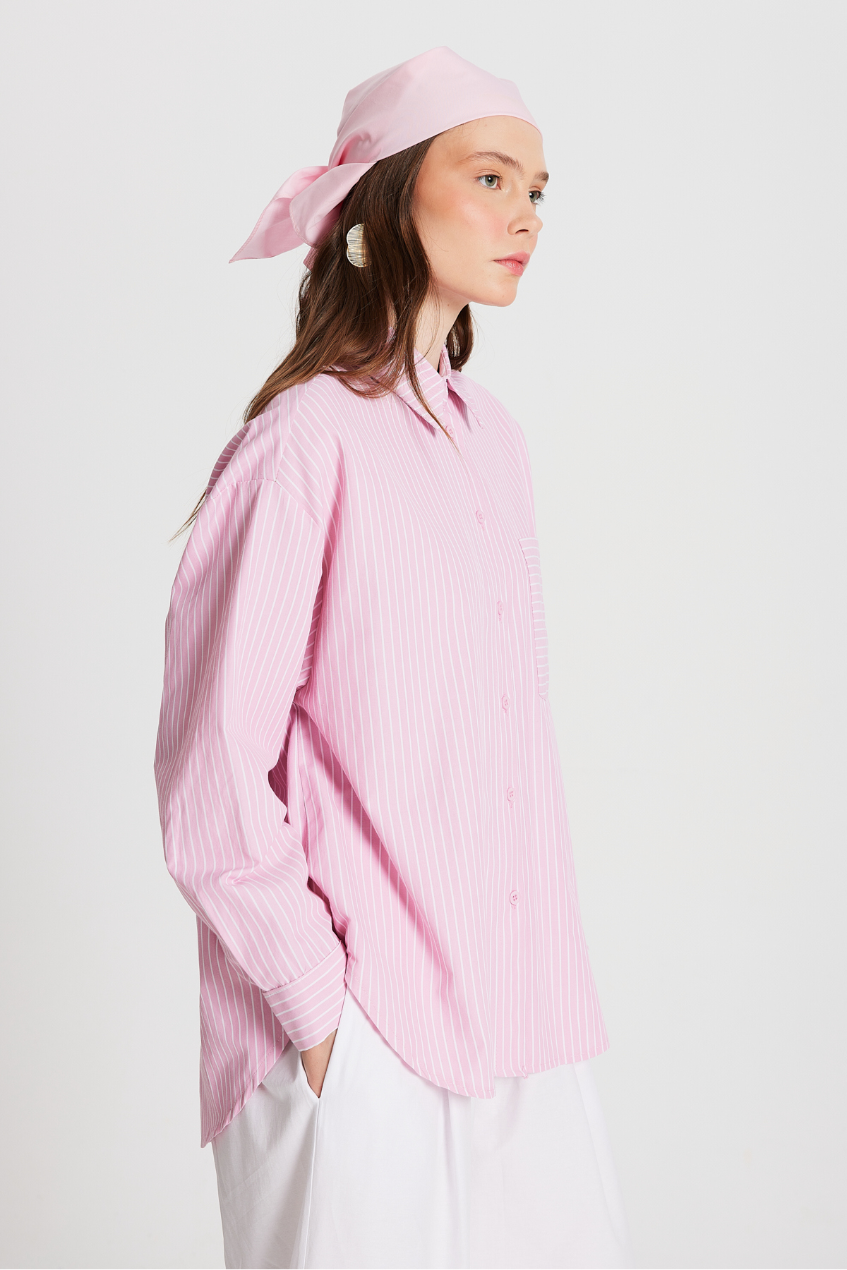 mina aise Pembe Beyaz Çizgili Oversize Cepli Gömlek 27135 görsel 6
