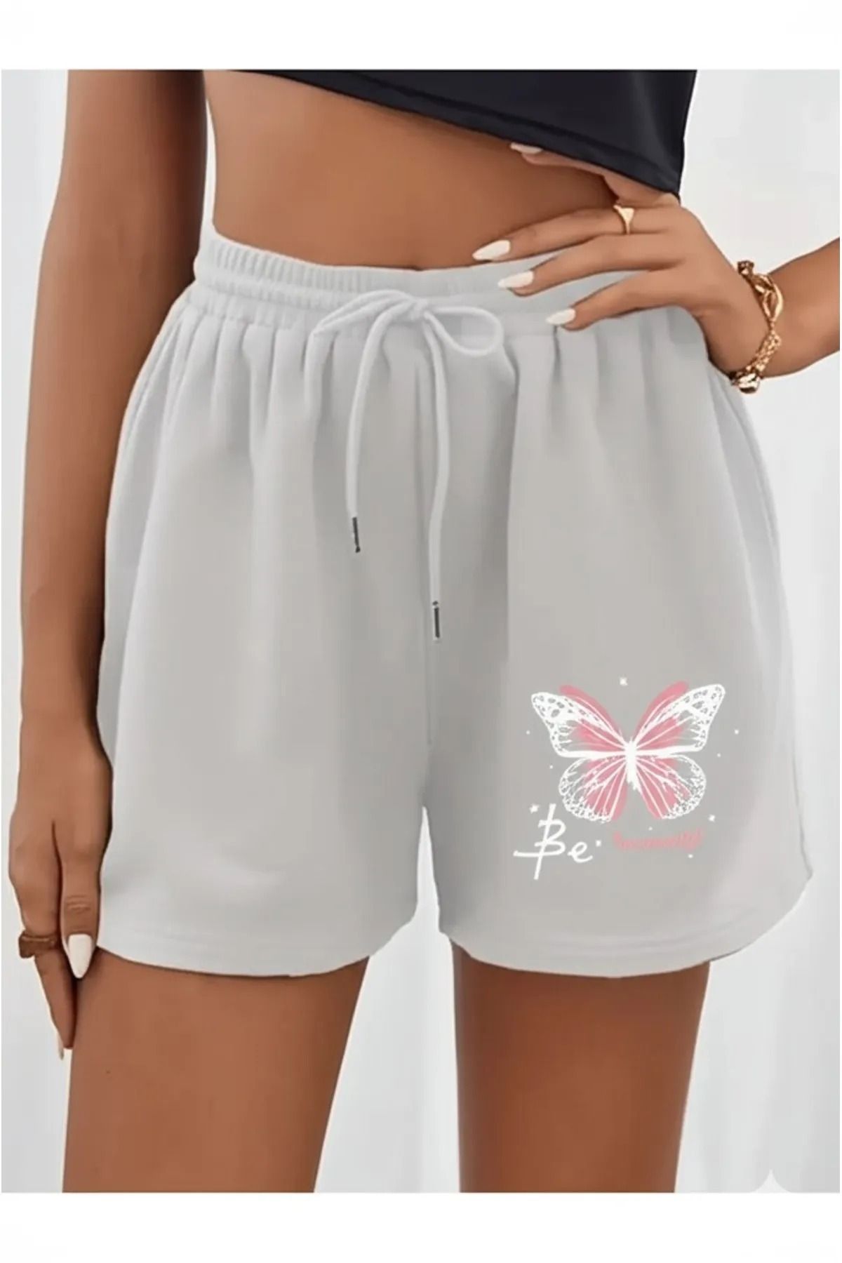 NO 601-Women's 2-Piece Classic Butterfly Printed Combed Cotton Shorts Gray-Black 4