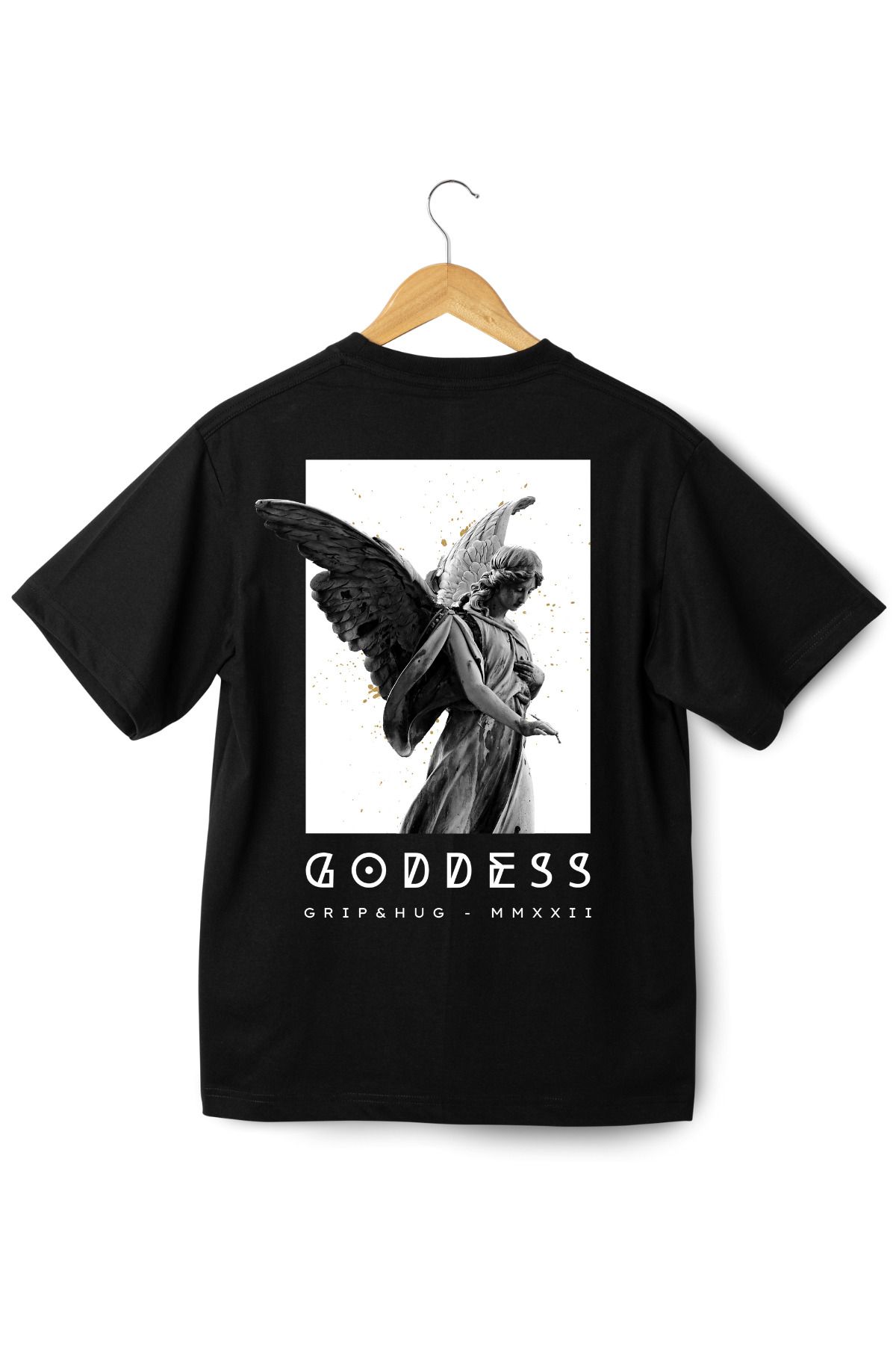 Grip Hug Goddess Antik Heykel Tasarımlı Siyah Oversize %100 Pamuk Tişört - Antic Edition