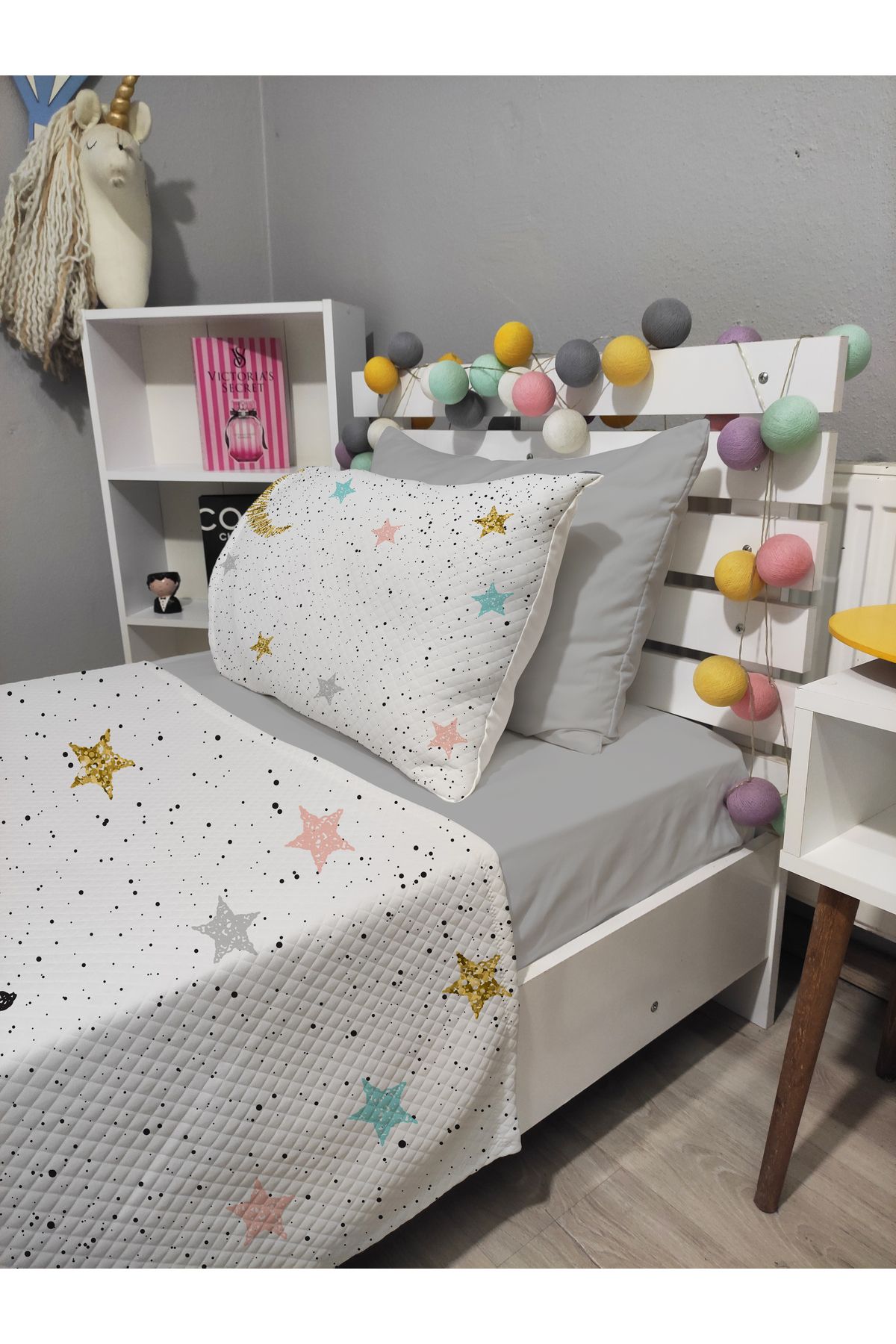 yok yok evim eve dair her şey-4 Piece Cat Patterned Single Pique Bedspread Set with Elastic Sheets 3