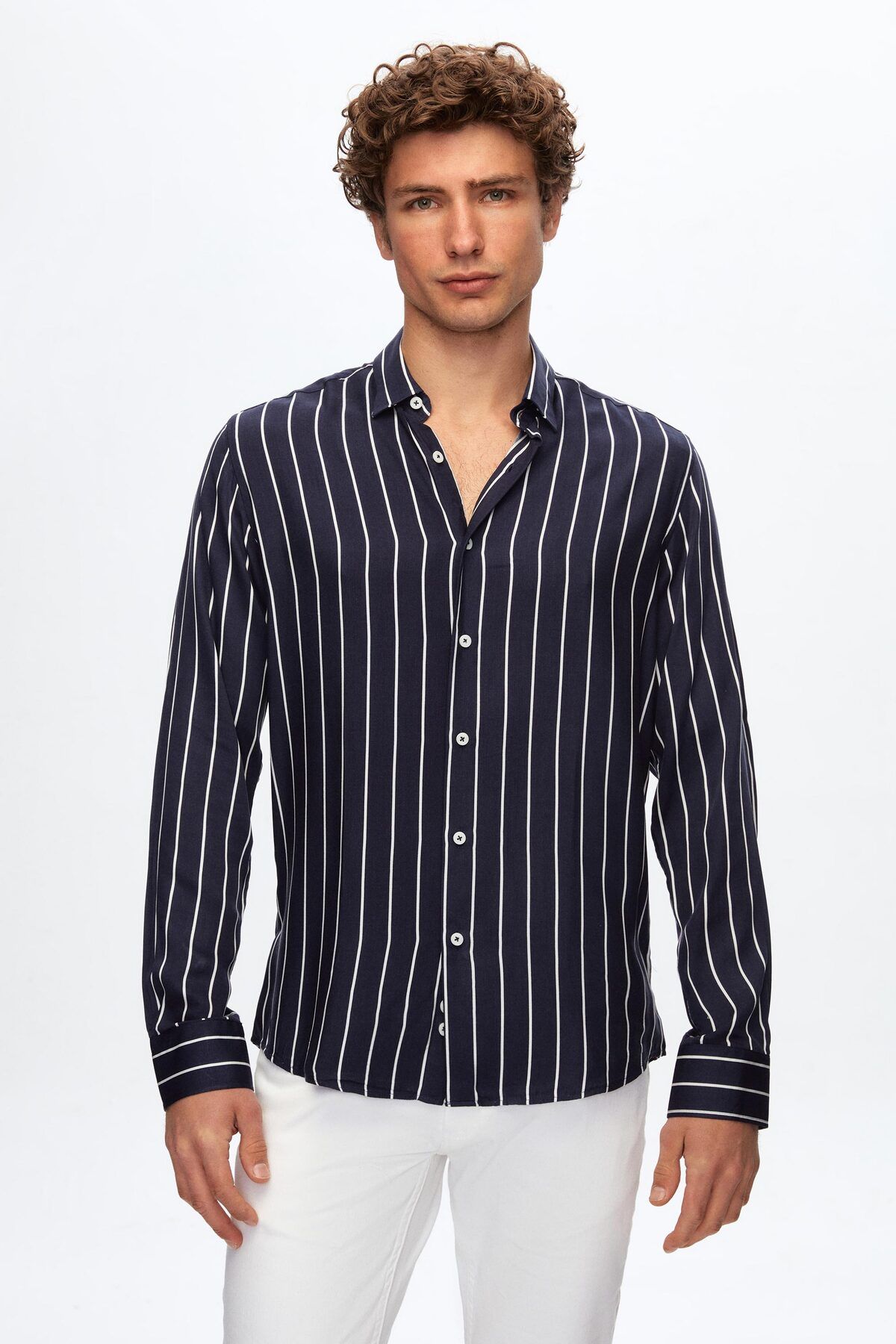 Twn Slim Fit Lacivert Çizgi Baskılı Gömlek