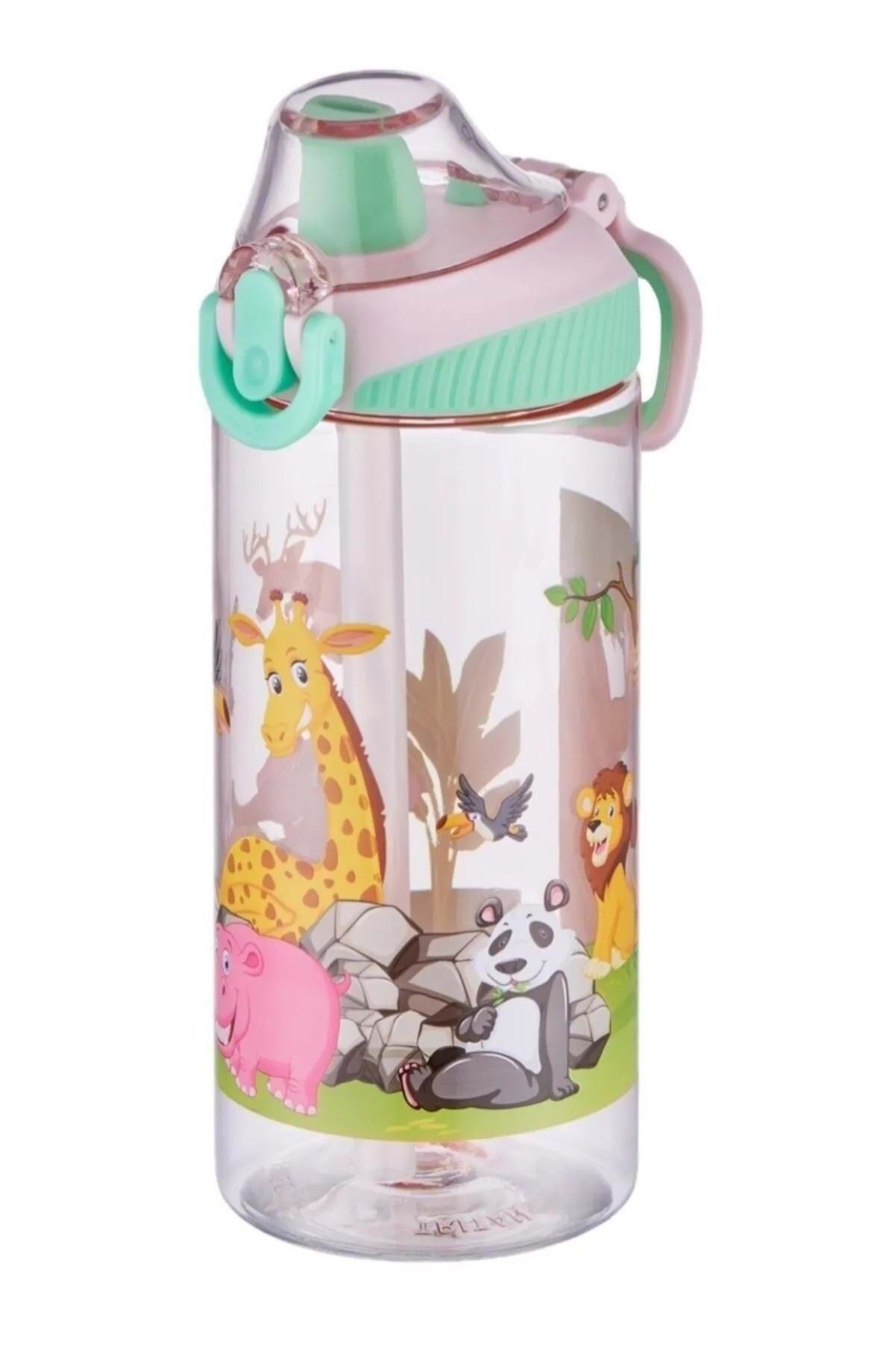 wakawakakidsstore afari Hayvanları Desenli Pipetli Çocuk Suluk Matarası (500 ml) - Pembe - 2-8 YAŞ