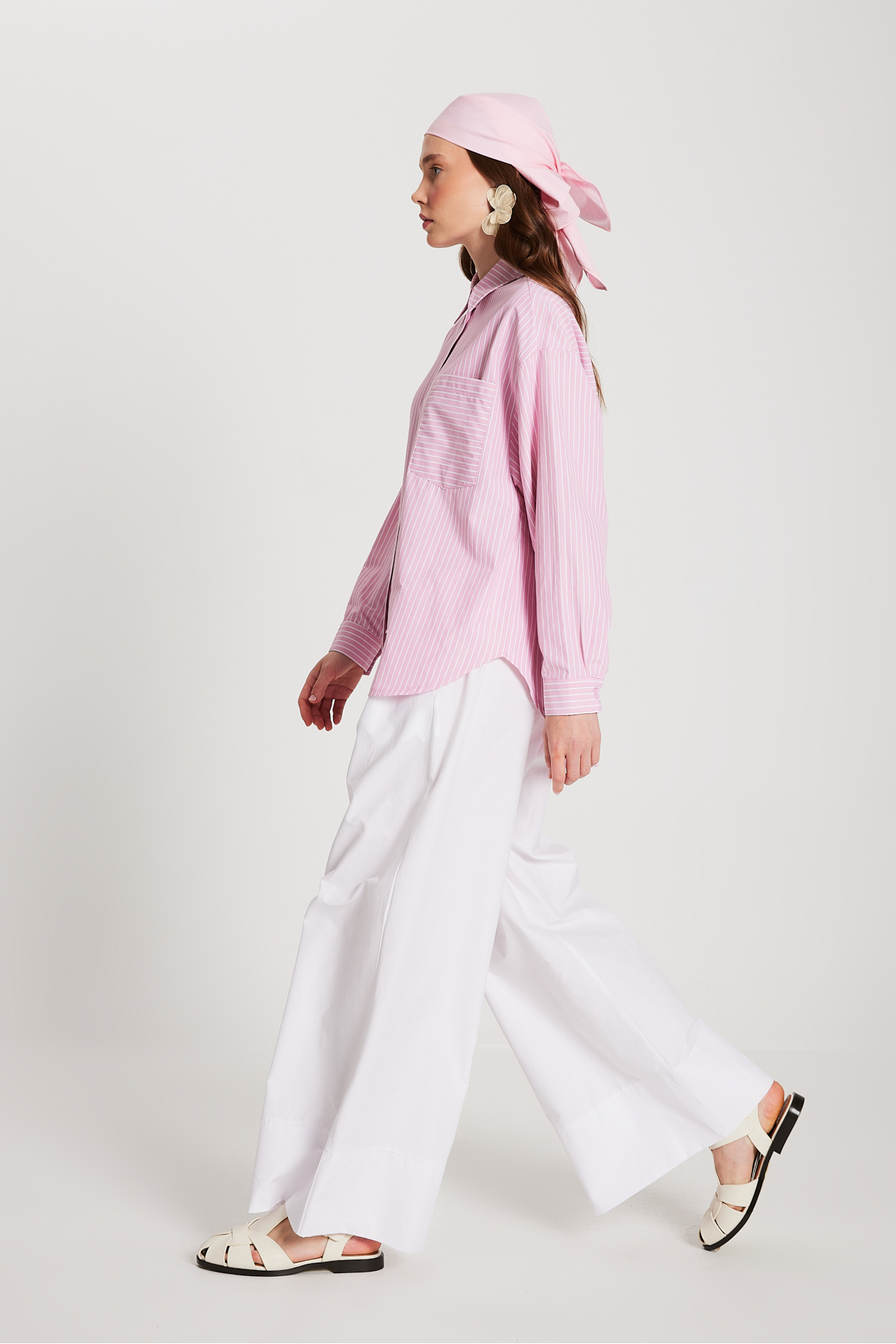 mina aise Pembe Beyaz Çizgili Oversize Cepli Gömlek 27135 görsel 7