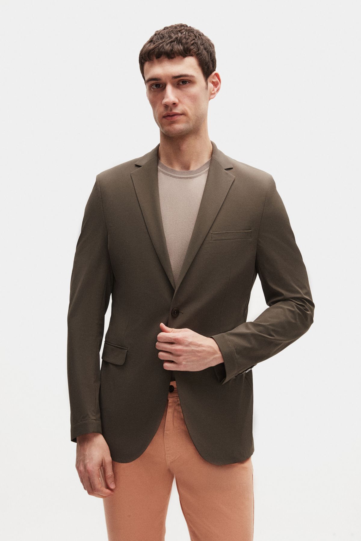 D'S Damat Ds Damat Slim Fit Haki Çizgili Kumaş Ceket