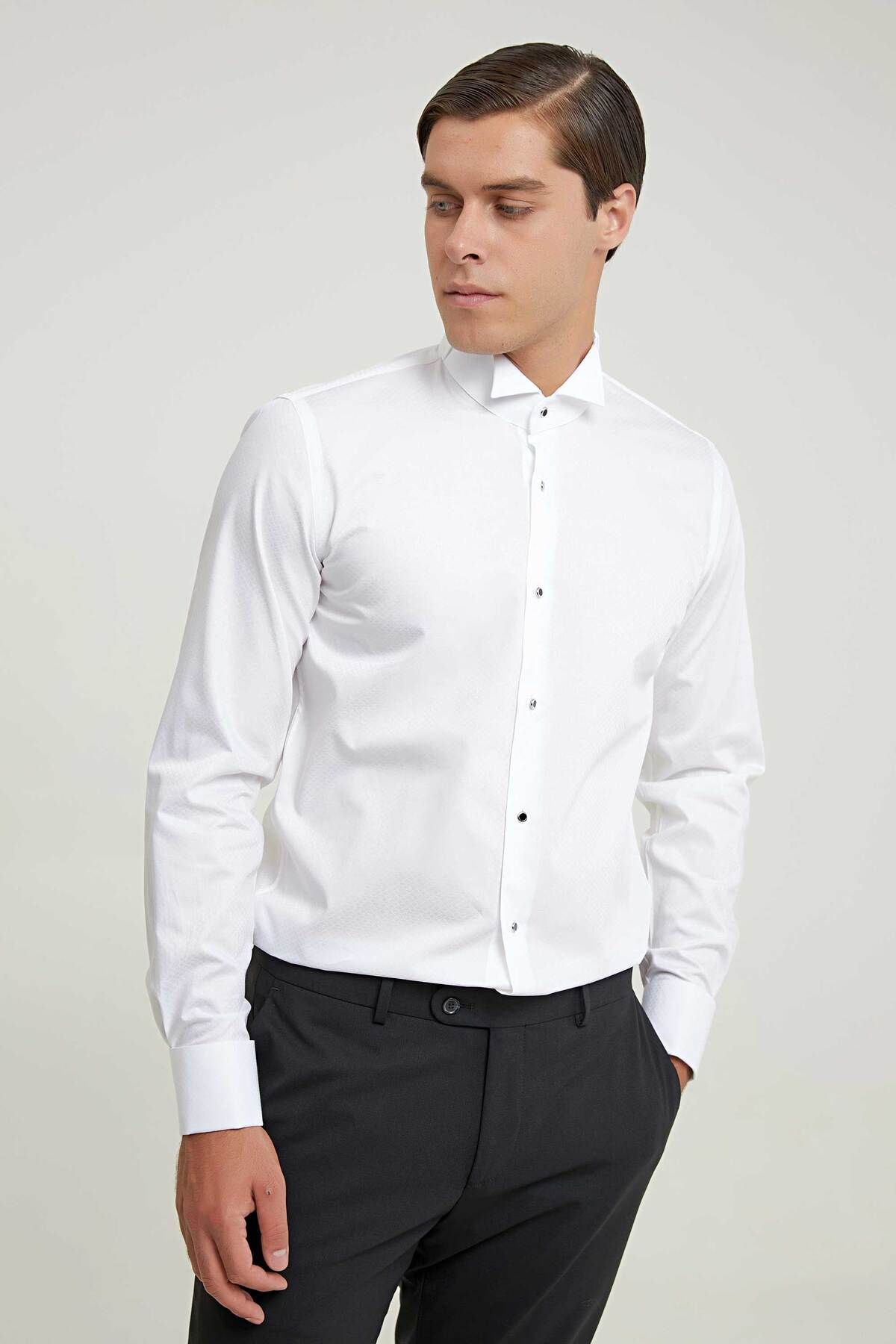 D'S Damat Ds Damat Slim Fit Beyaz Armürlü Smokin Gömlek