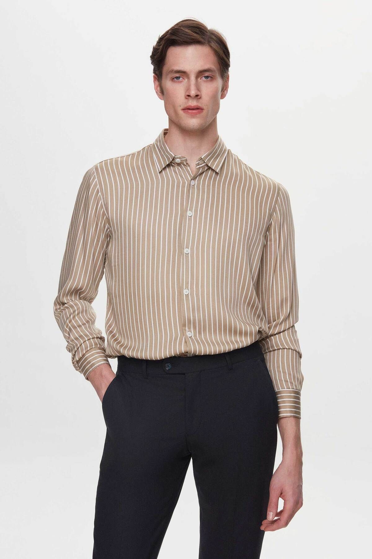 Twn Slim Fit Bej Çizgili Viskon Gömlek