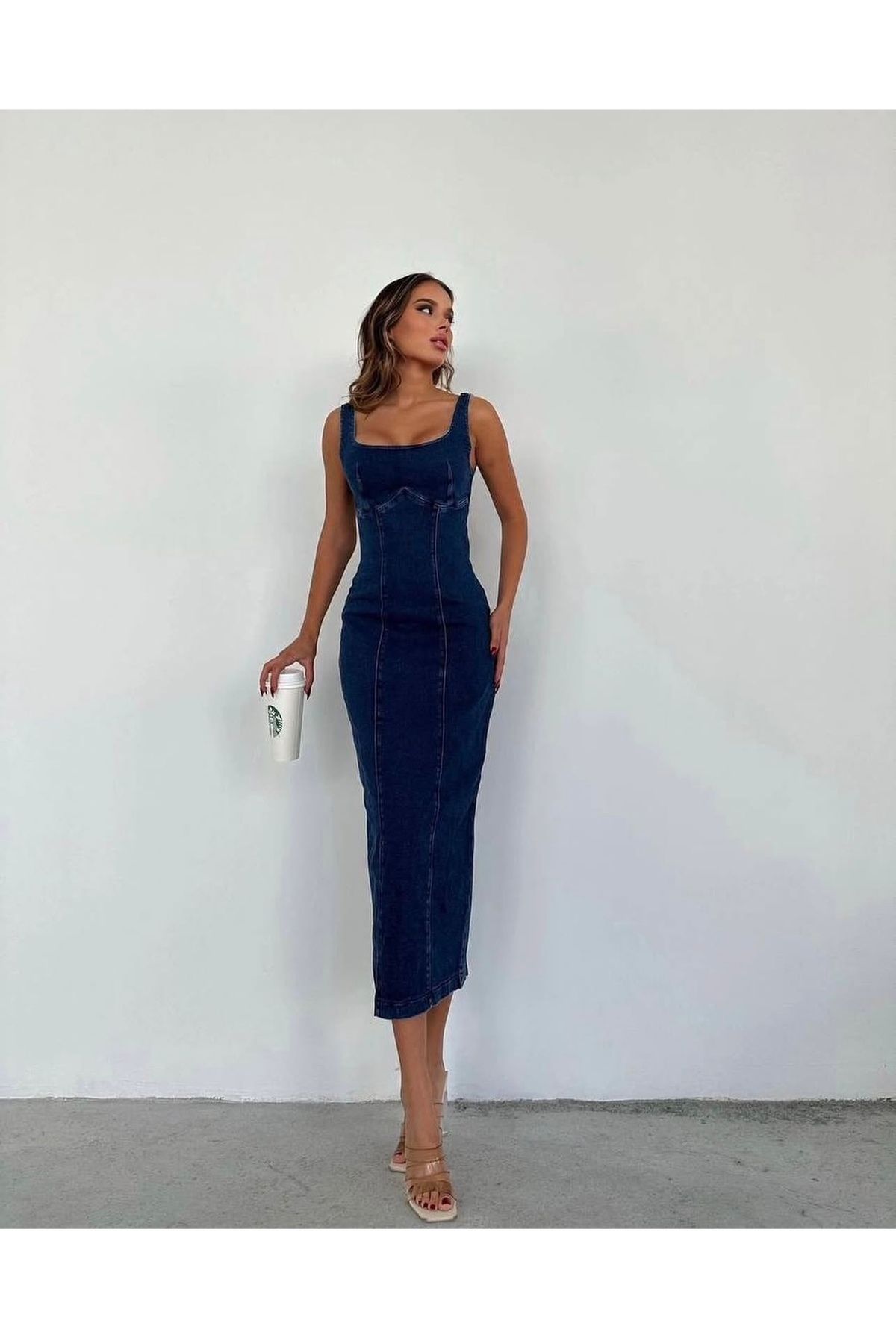 butiksinope DMA 3352 Kare Yaka Likralı Askılı Kot Elbise