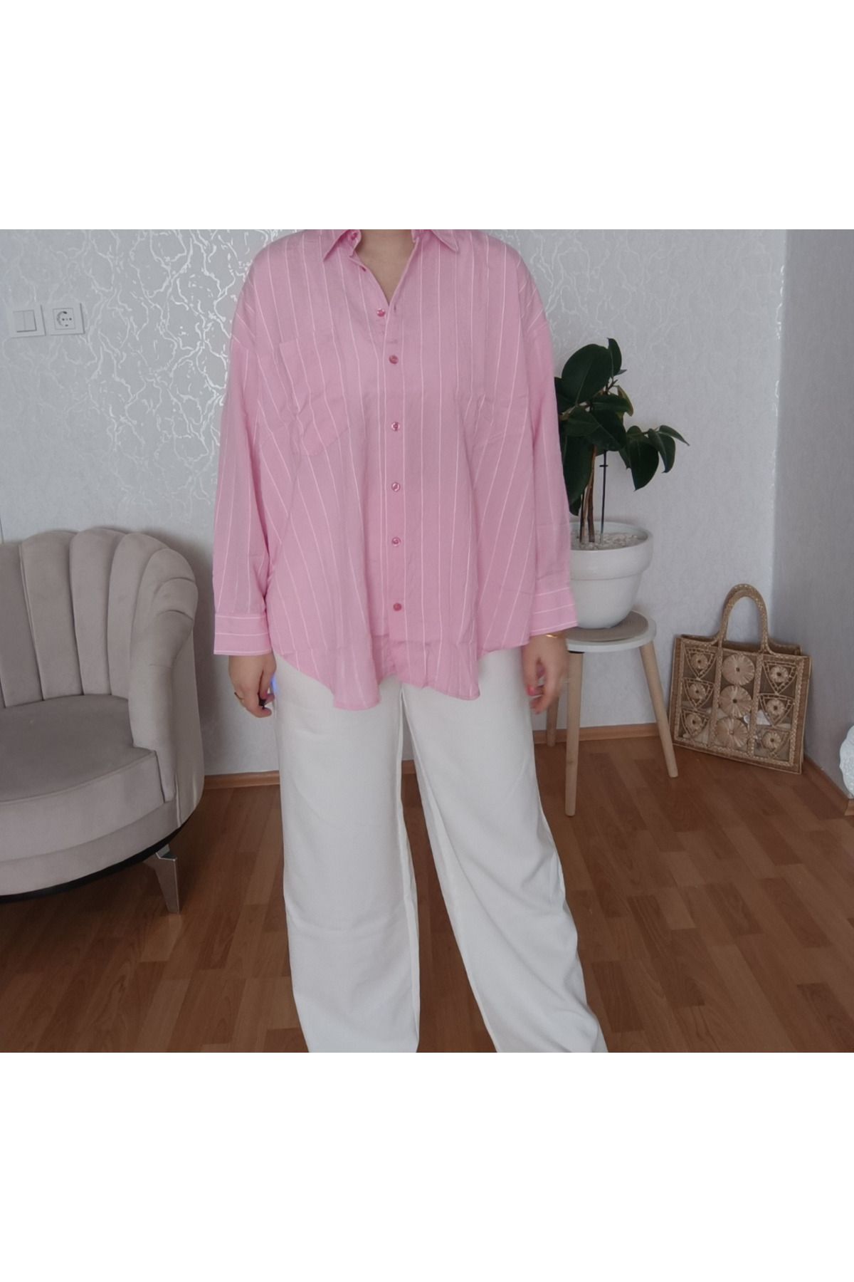 MODA Kadın çizgili pamuklu pembe gömlek