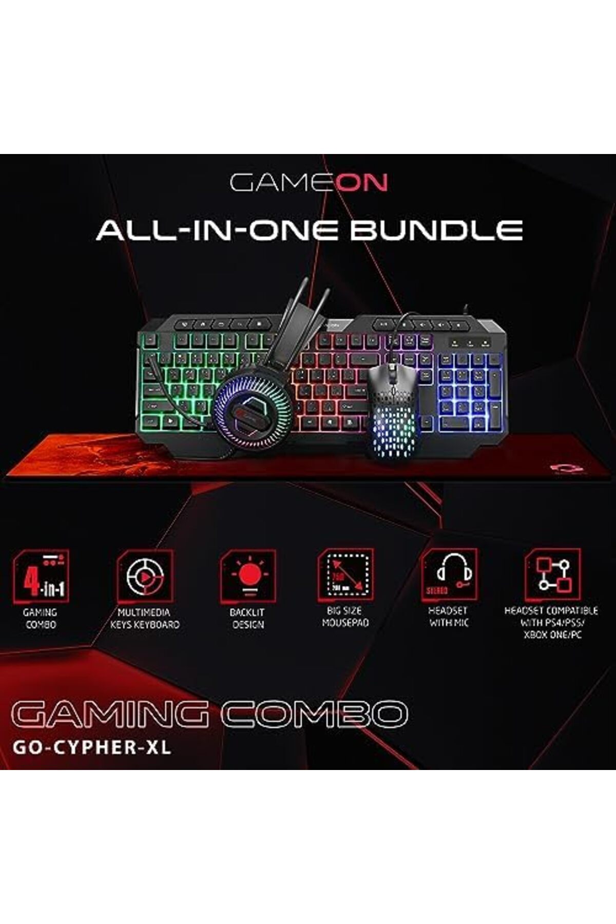 GAMEON-Cypher XL All-In-One Gaming Bundle (Keyboard, Headset, Mouse, Mousepad), USB 4
