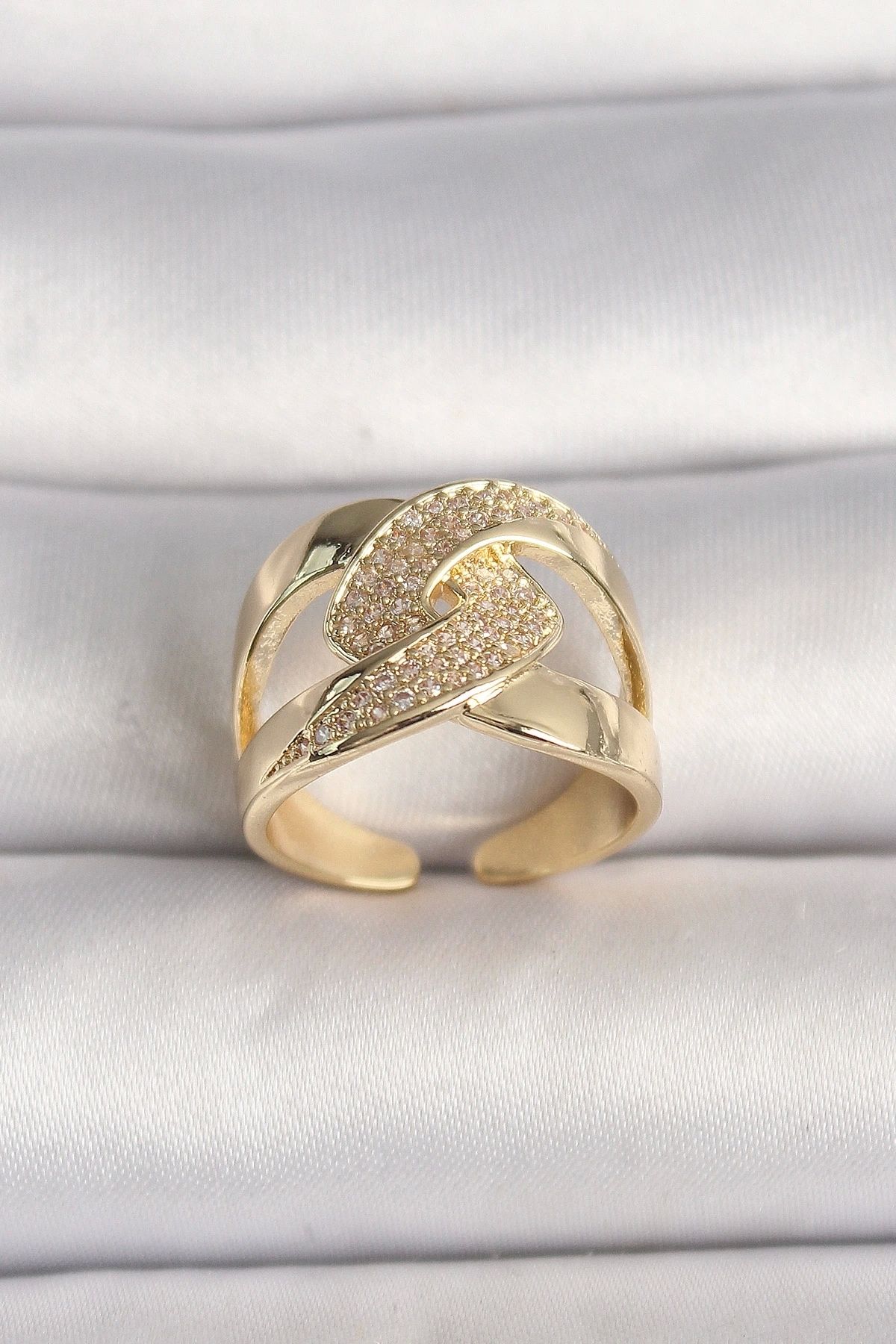 STOREMAX Pirinç Gold Renk Ayarlanabilir Zirkon Taşlı Kadın Yüzük