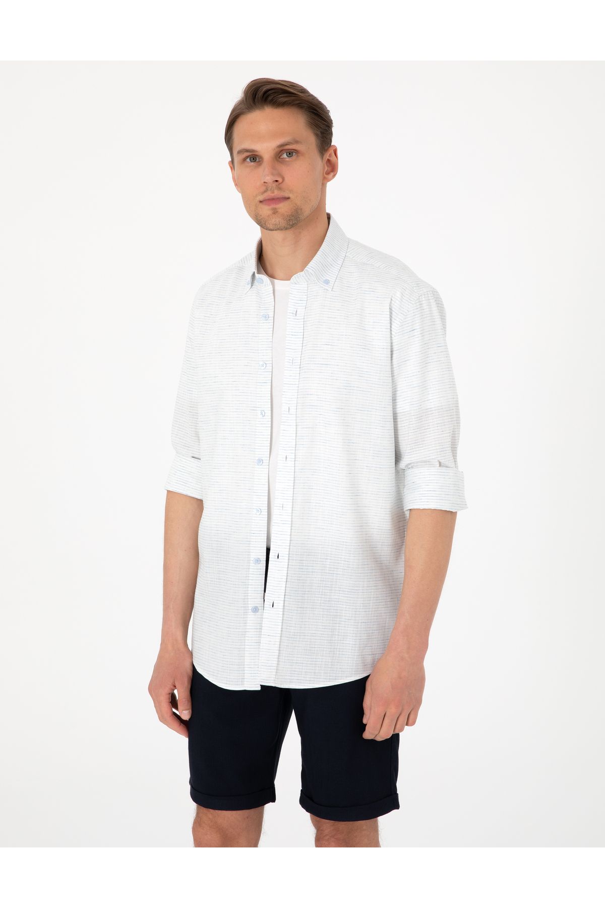 Pierre Cardin Mavi Keten Karışımlı Regular Fit Uzun Kollu Gömlek 50307171-VR036
