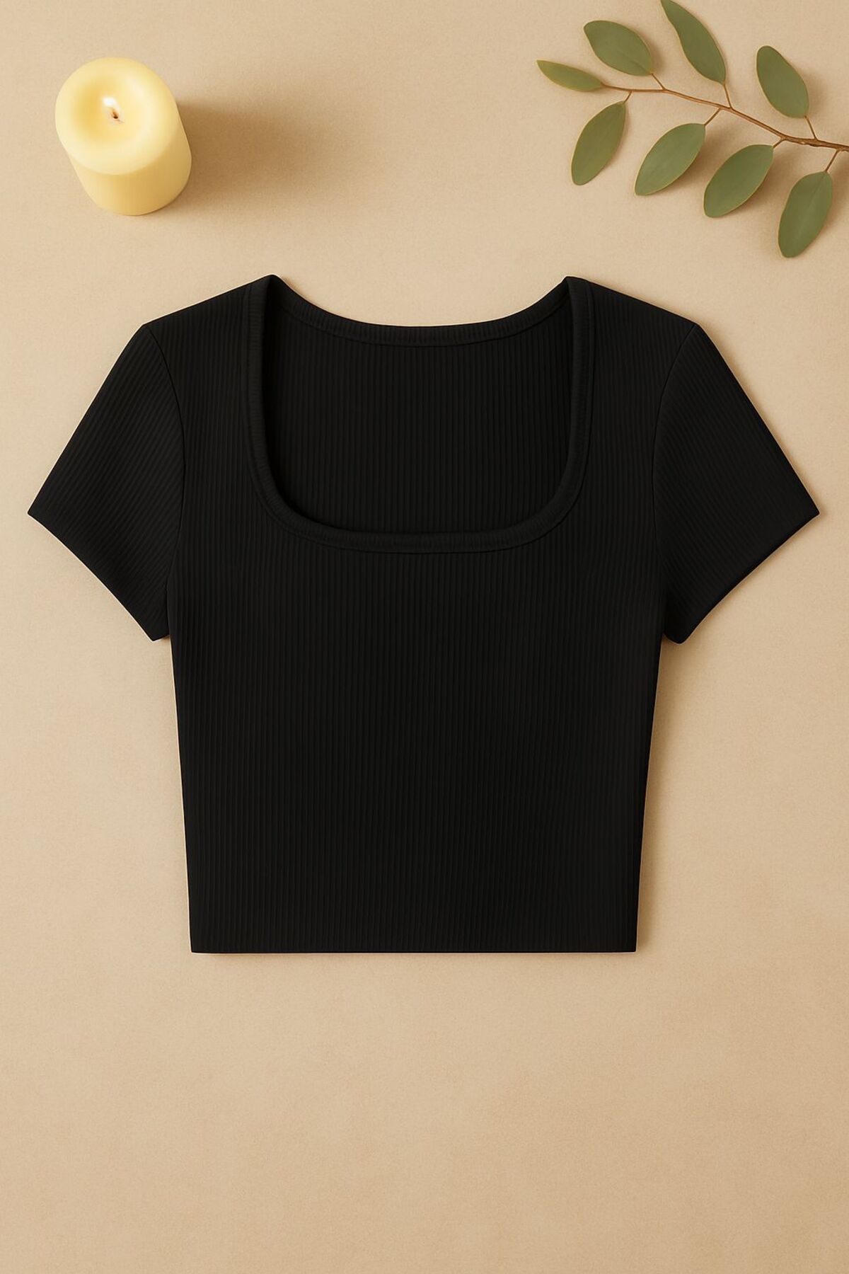 Stail Moda Kadın Lacivert Kaşkorse KUMAŞ Yarım Kol Düz UYaka Crop Top Bluz