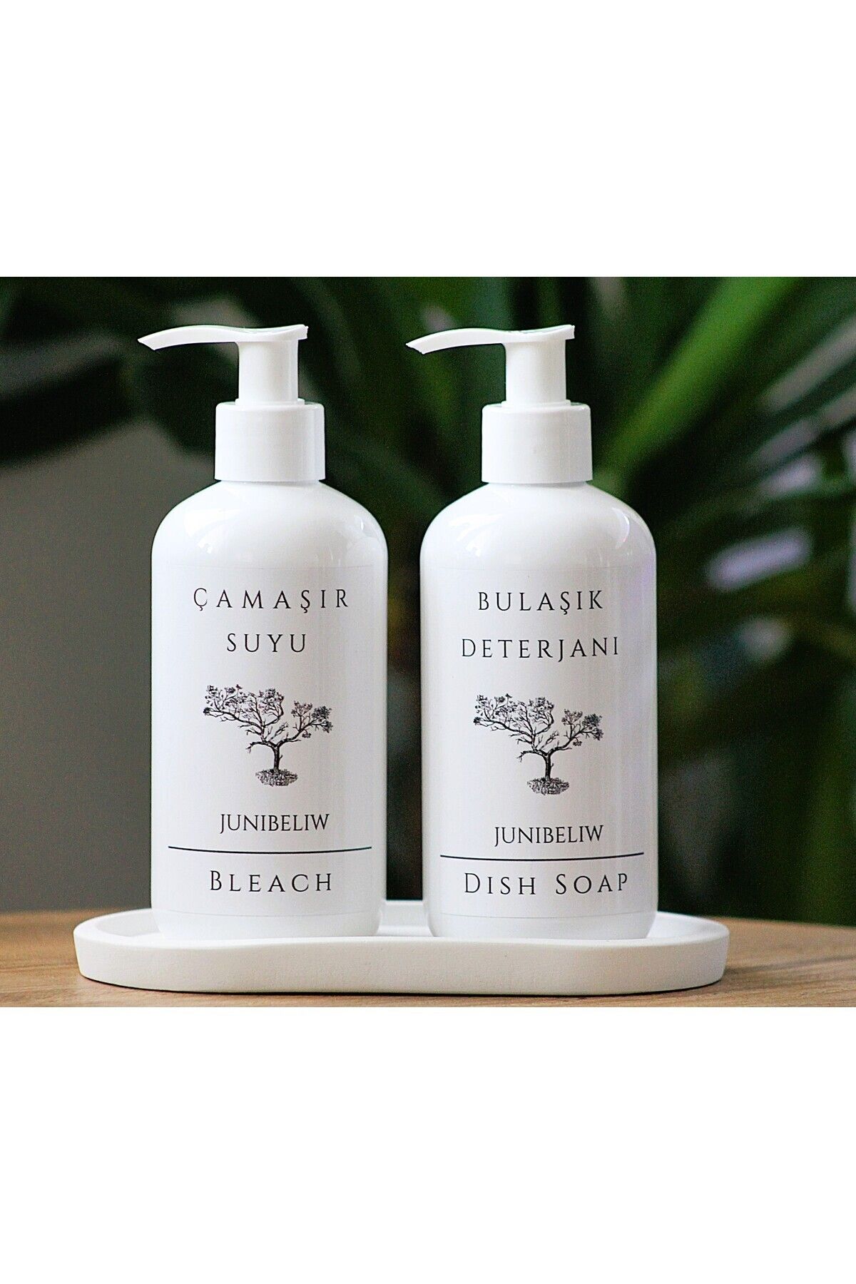junibeliw 3lü Beyaz Etiketli Set Boş PLASTİK Şişe Çamaşır Suyu Bulaşık Deterjanlık 2x250ml + Altlık