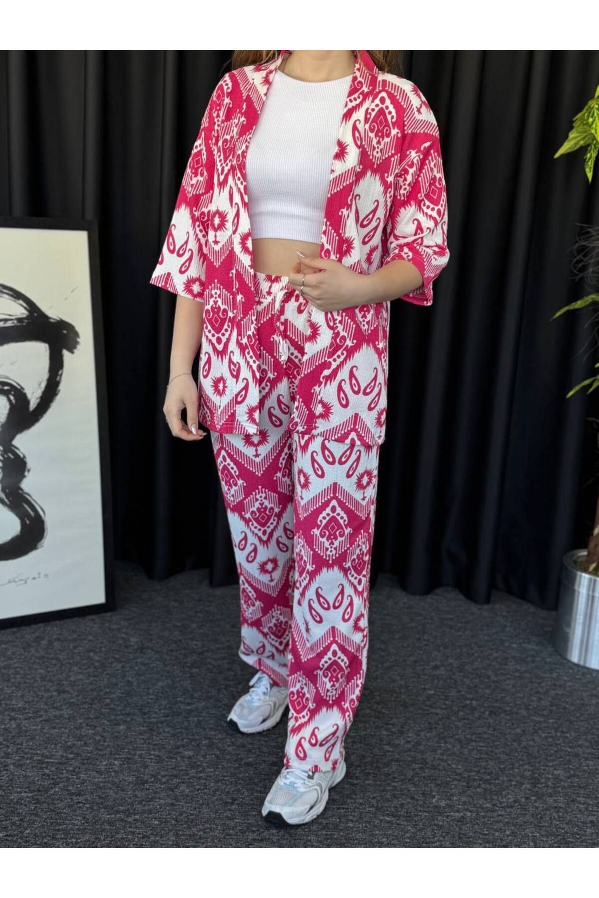TEXTURA ✅ Bürümcük Kumaş Desenli Kimono Takımı - Kadın, Modern ve Konforlu