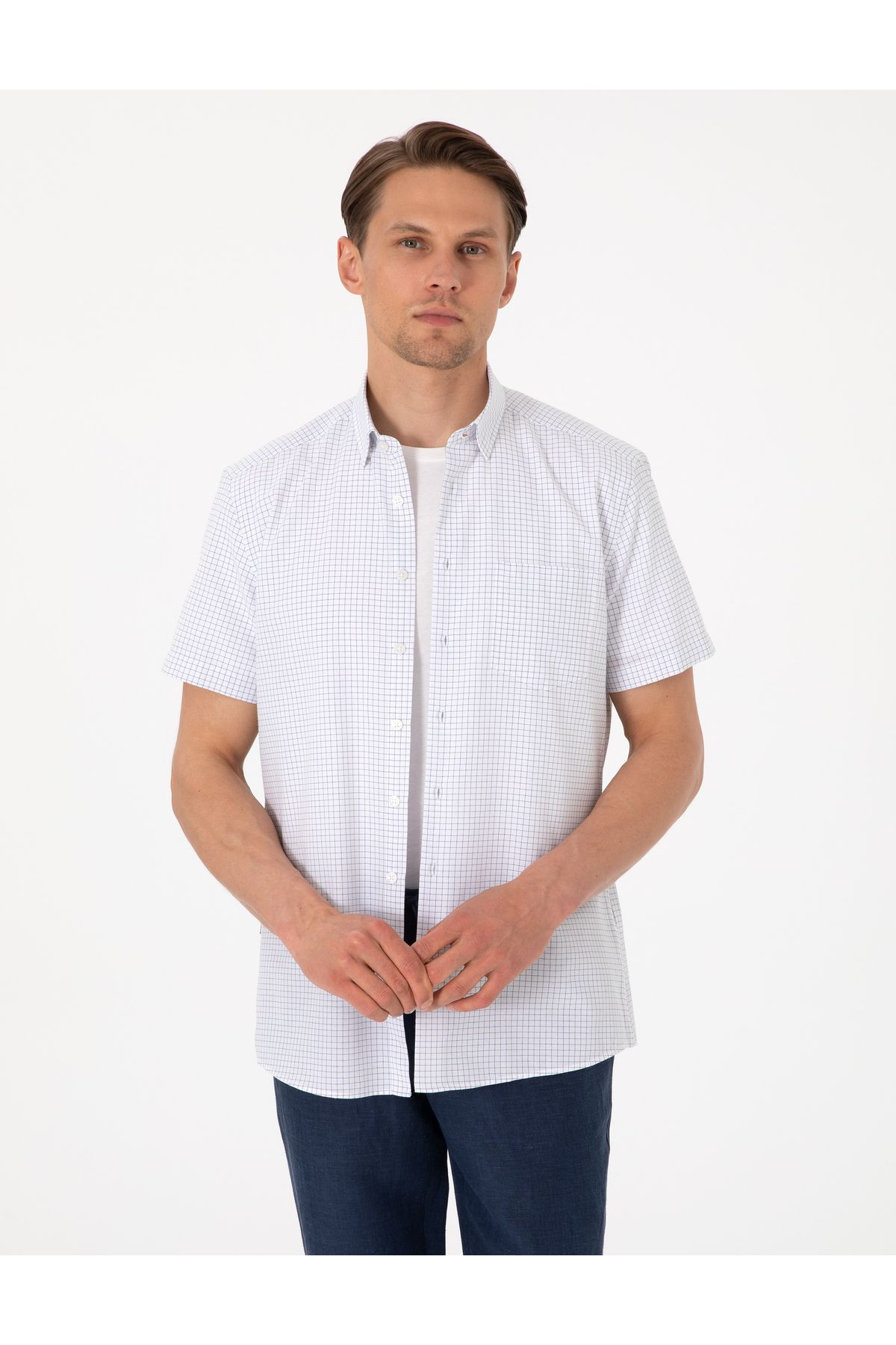Pierre Cardin Lacivert Kareli Regular Fit Kısa Kollu Gömlek 50307262-VR033