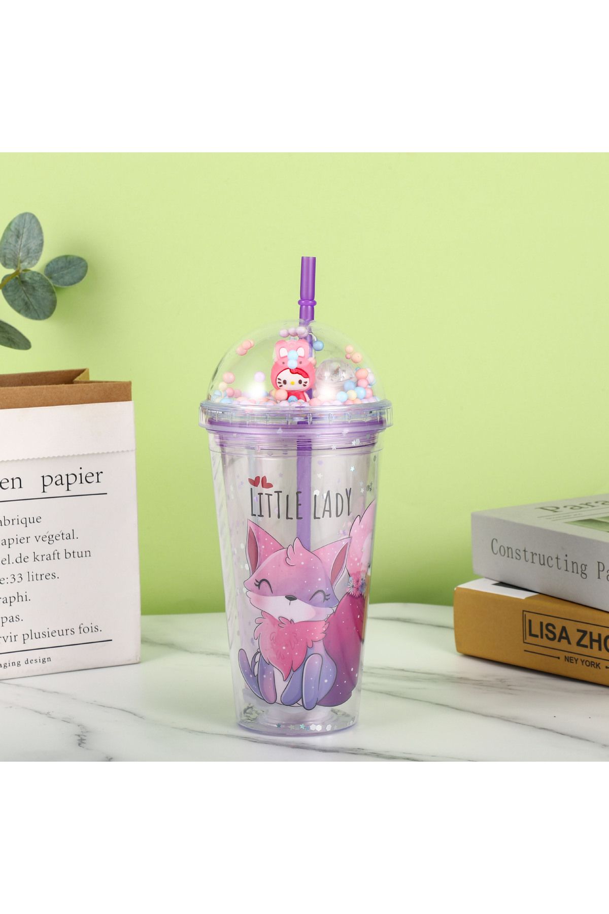 Livava Sevimli Işıklı ve Pipetli Bardak, 450 ml, Pullu ve Kapaklı, Mor, 20x8