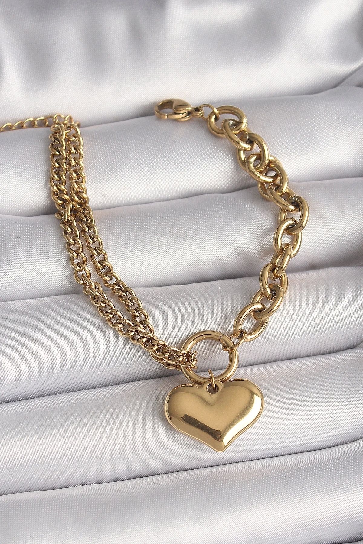 STOREMAX 316L Çelik Gold Renk 2'Li Zincir Model Kalp Figür Kadın Bileklik