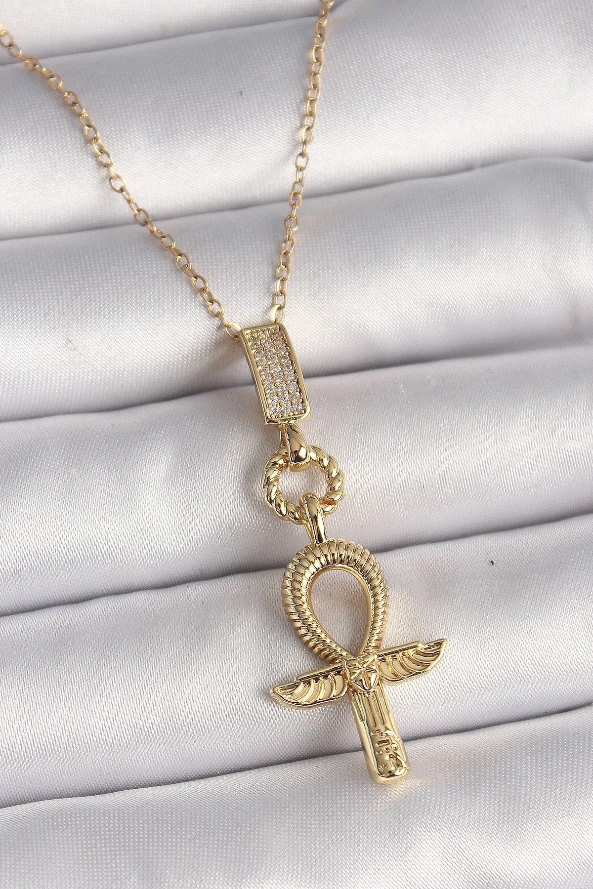 STOREMAX 316L Çelik Gold Renk Zincir Zirkon Taşlı Ankh Model Kadın Kolye