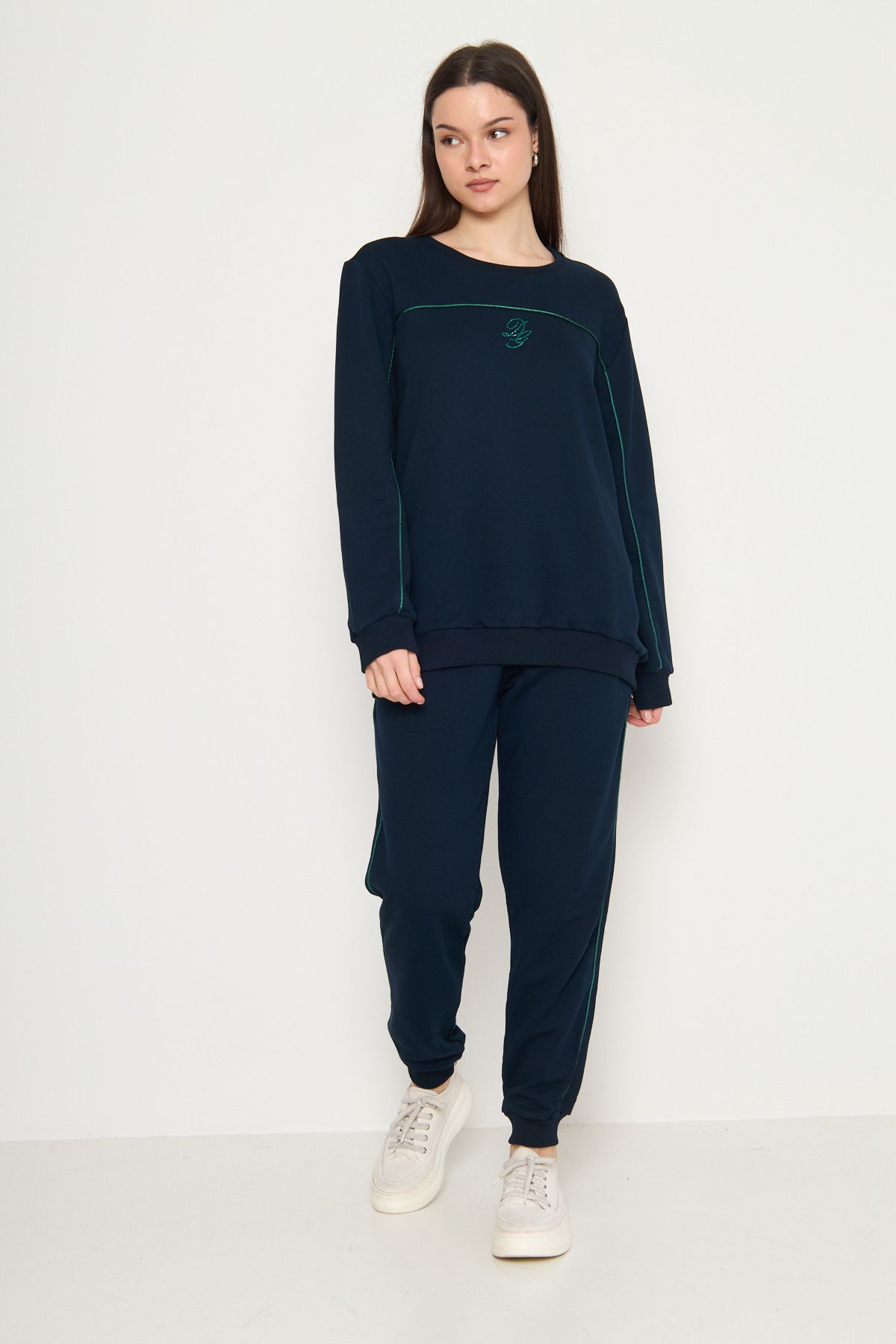 MODA Lacivert Yeşil Ekose Desen Yelek DG Taş İşlemeli Sweatshirt ve Pantolon 3'lü Kadın Eşofman Takım