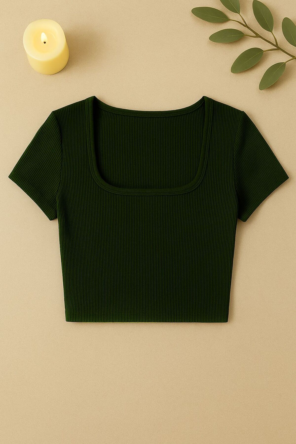 Stail Moda Kadın Lacivert Kaşkorse KUMAŞ Yarım Kol Düz UYaka Crop Top Bluz