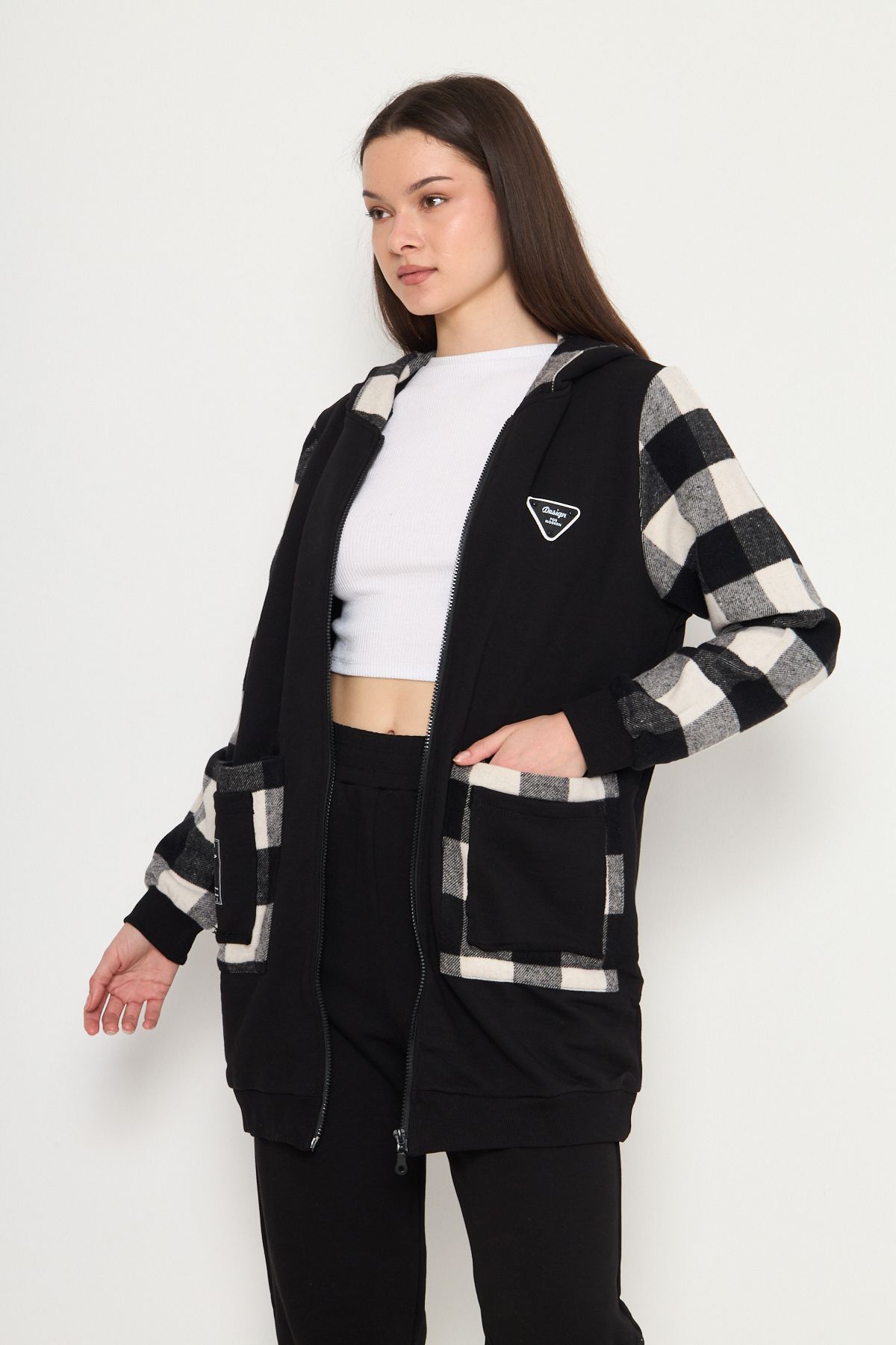 MODA Siyah Ekose Kol ve Cep Detay Ferrmuarlı Kapüşonlu Yaka Sweatshirt-Eşofman Kadın Eşofman