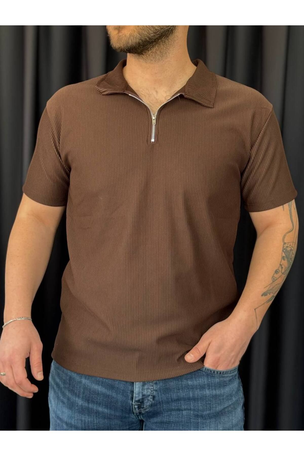 TEXTURA ✅ Erkek Ottoman Kumaş T-shirt – Polo Yaka, Yarım Fermuar Detaylı