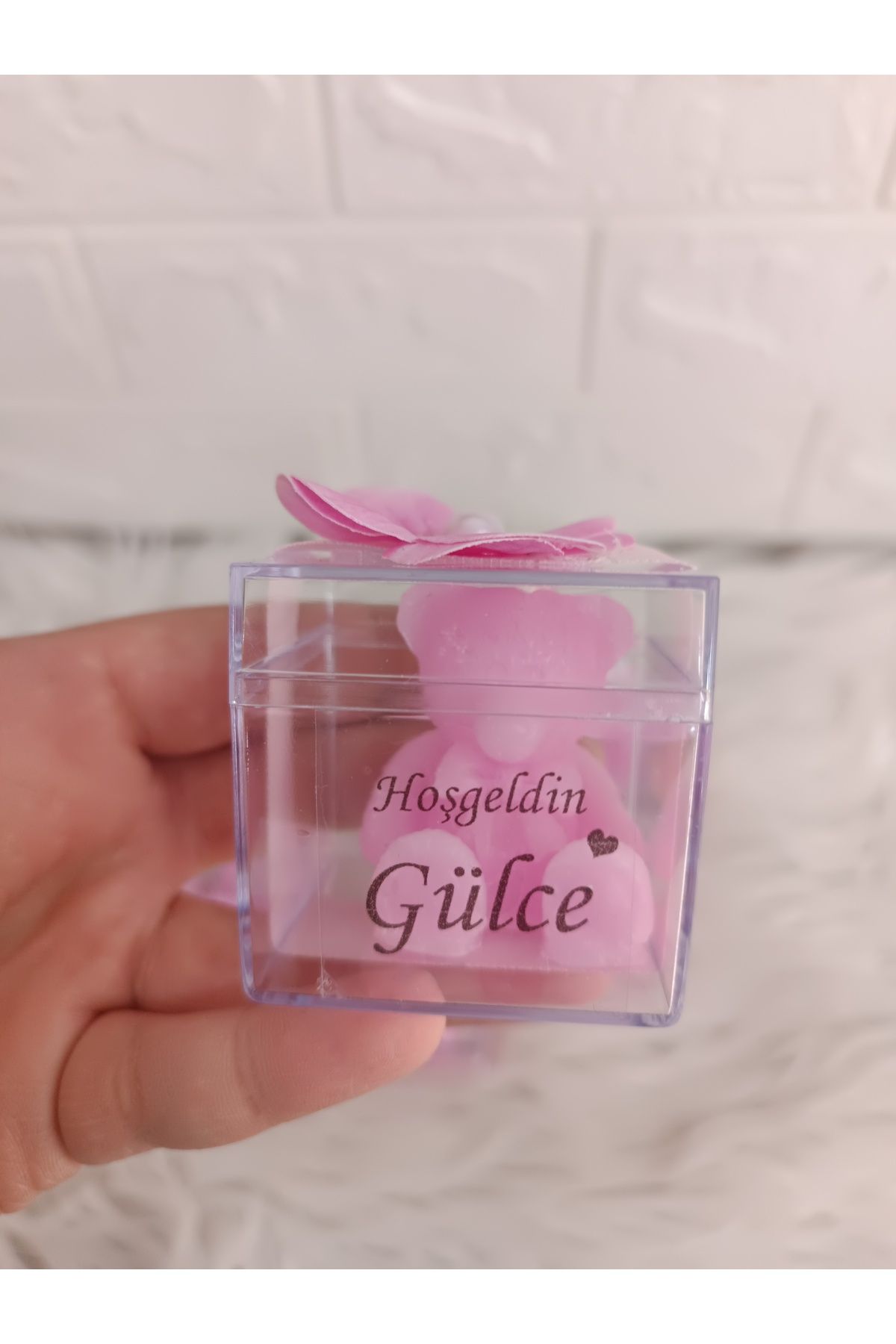 doğrukan 10 adet pembe ayıcıklı mum mika kutuda çiçek süslemeli yenidoğan doğum günü mevlüt hediyelikleri