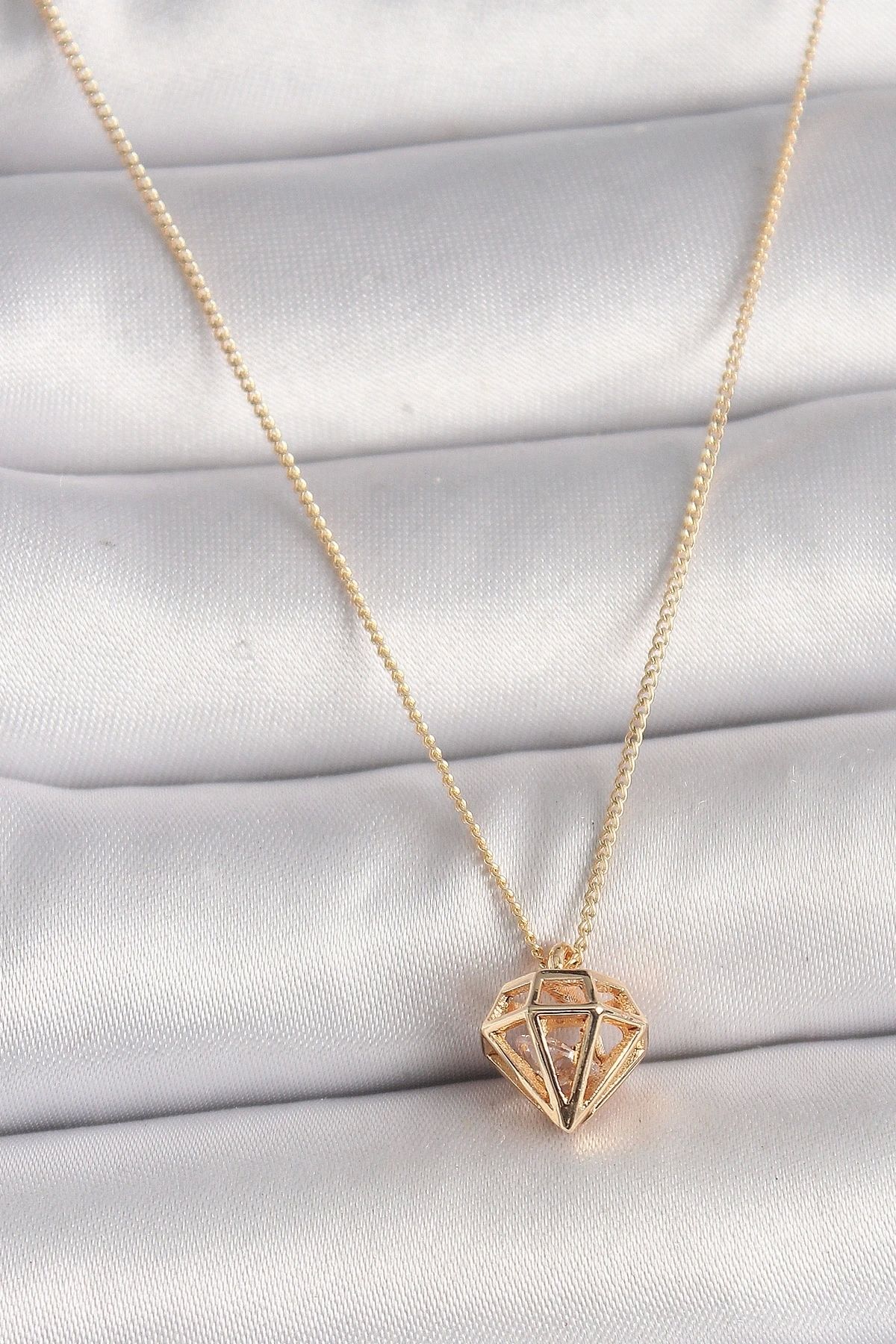 STOREMAX Pirinç Gold Renk 3D Zirkon Taşlı Elmas Model Kadın Kolye