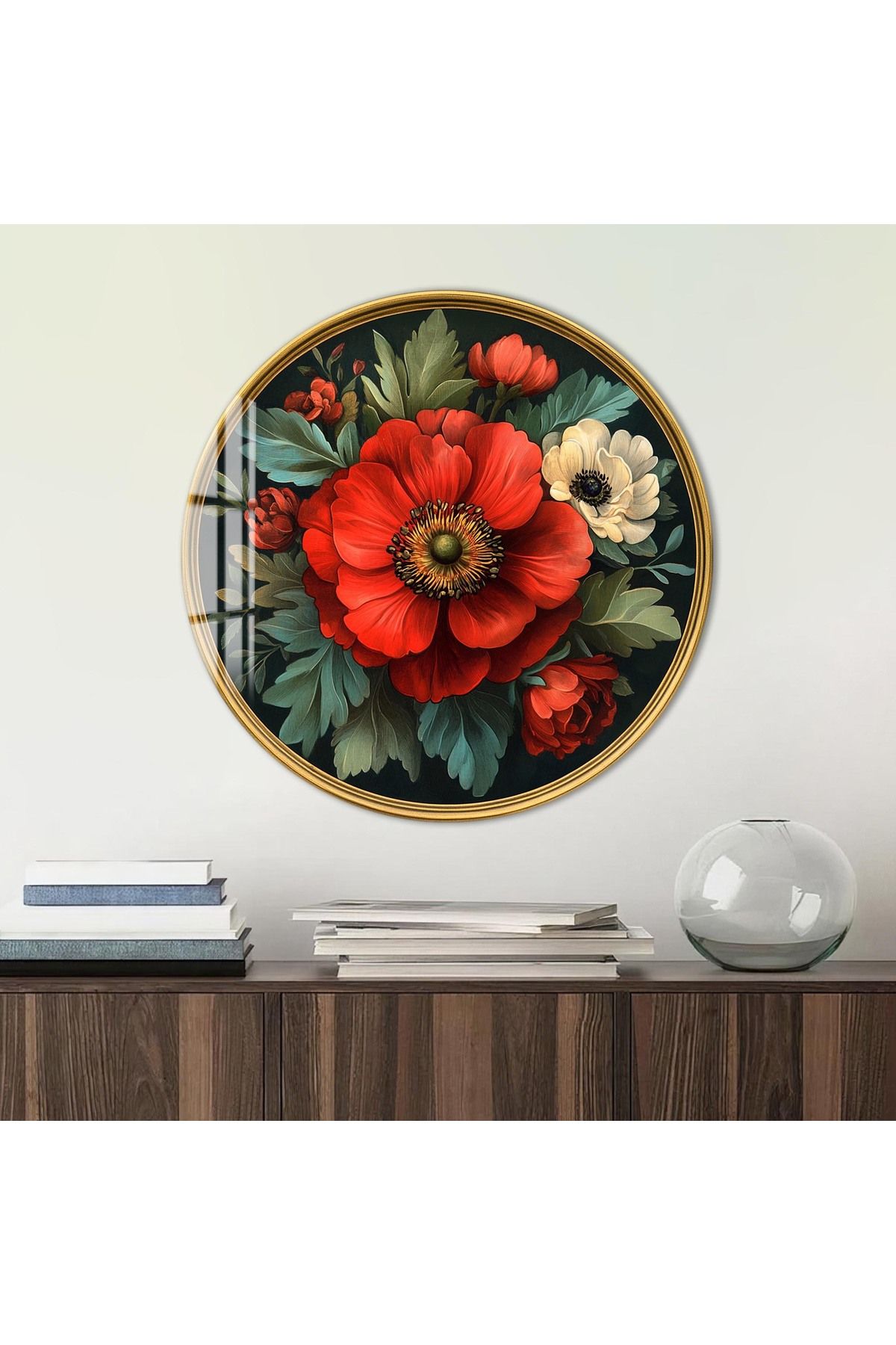 Artmate Yuvarlak Temperli Kırılmaz Çiçek Cam Tablo