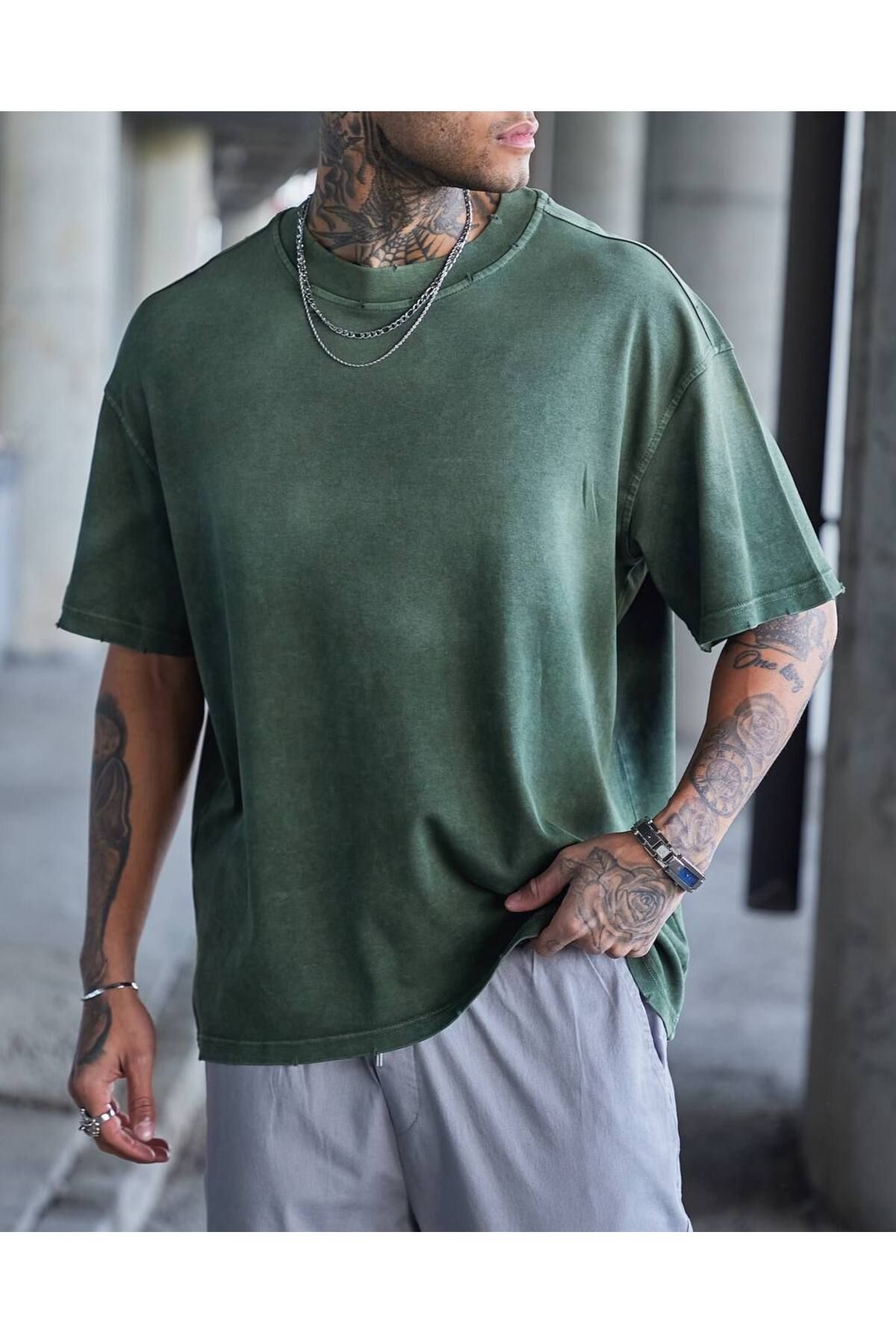 THIMOON Erkek Yeşil Yıkamalı Oversize Vintage Tişört – Rahat Kalıp %100 Pamuk T-Shirt