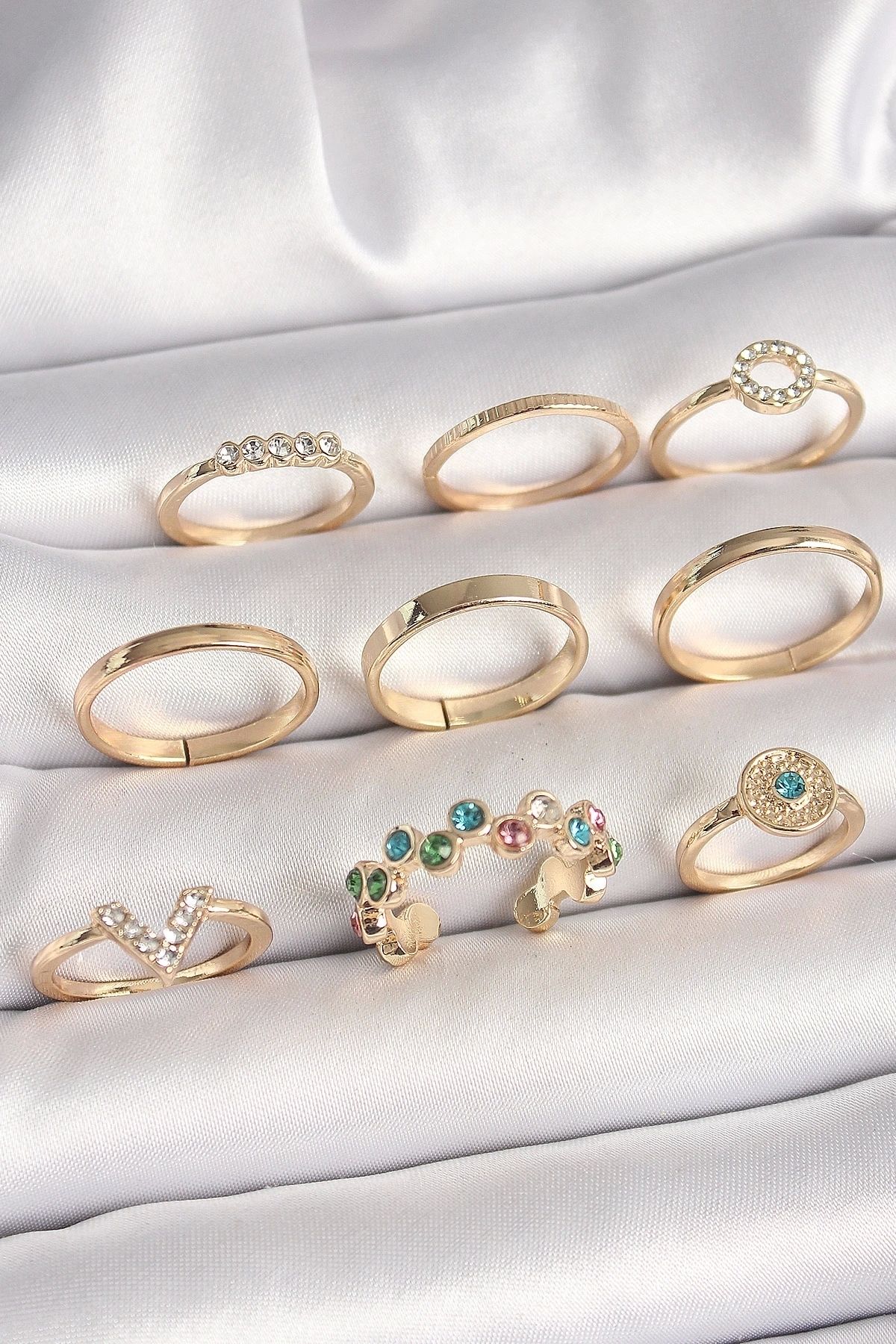 STOREMAX Pirinç Gold Renk Renkli Zirkon Taşlı Kadın Yüzük Kombini