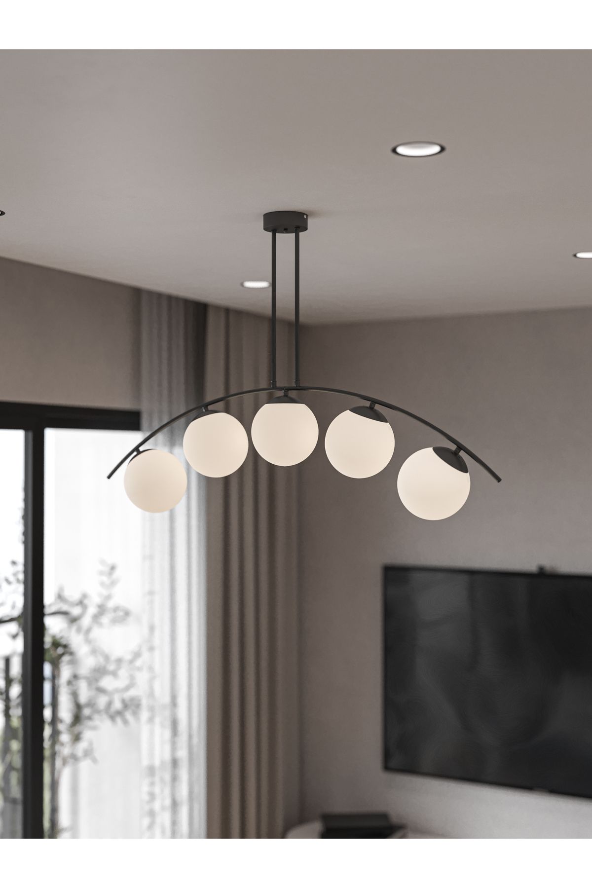 avizade Modern Siyah 5’li Cam Küre Avize | Yay Formlu Tavan Aydınlatma – Avizade LUNA Model