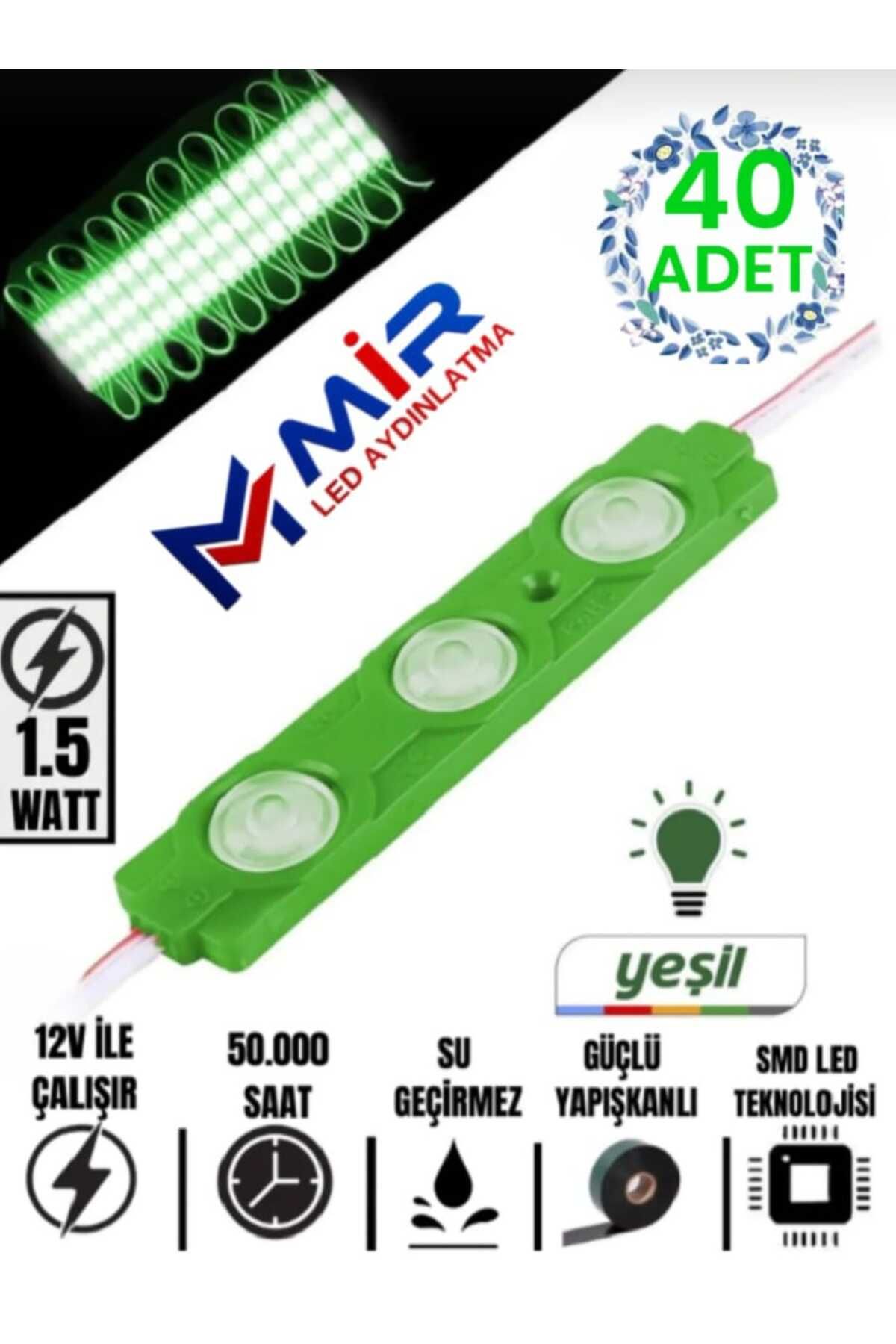 MİRLED AYDINLATMA MİRLED 3 Ledli Parmak Led Modül 1.5w 2835 Smd Mercekli 12V led Yeşil Renk 40-ADET 4 ADET HEDİYMİZ