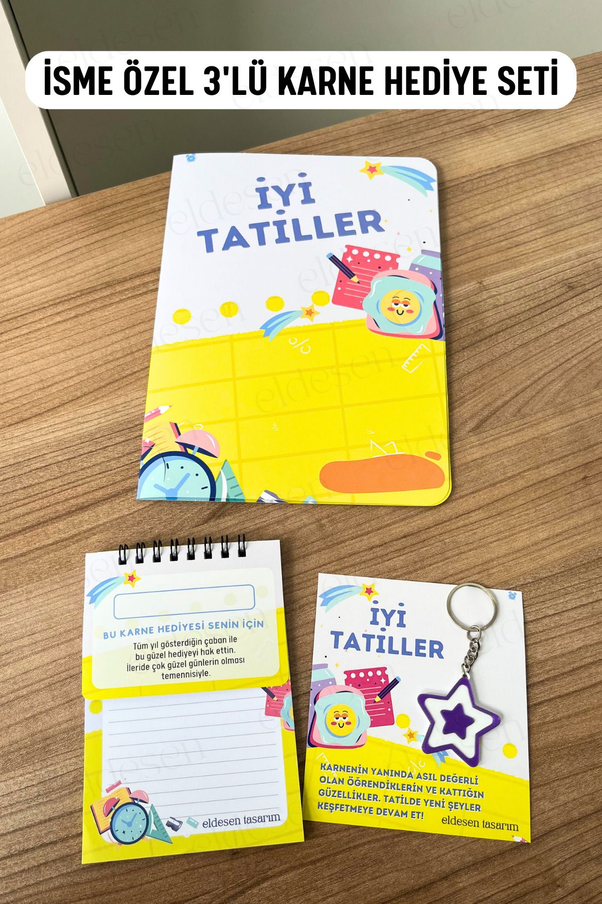 Eldesen Tasarım İsme Özel Karne Hediyesi 3'lü Set, Karne Kılıfı, Spiralli Defter, Anahtarlık