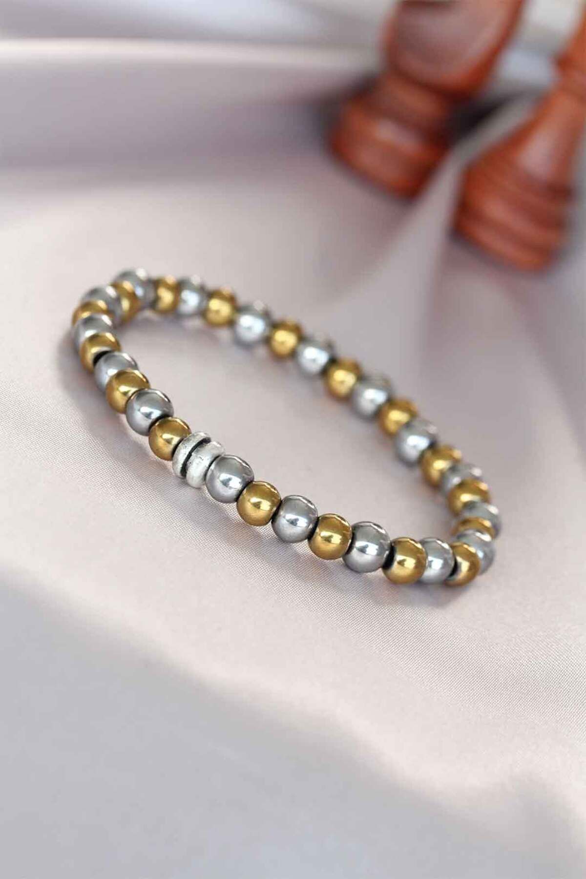 BZK ACCESSORİES Hematit Silver Gold Renk Doğal Taş Erkek Bileklik