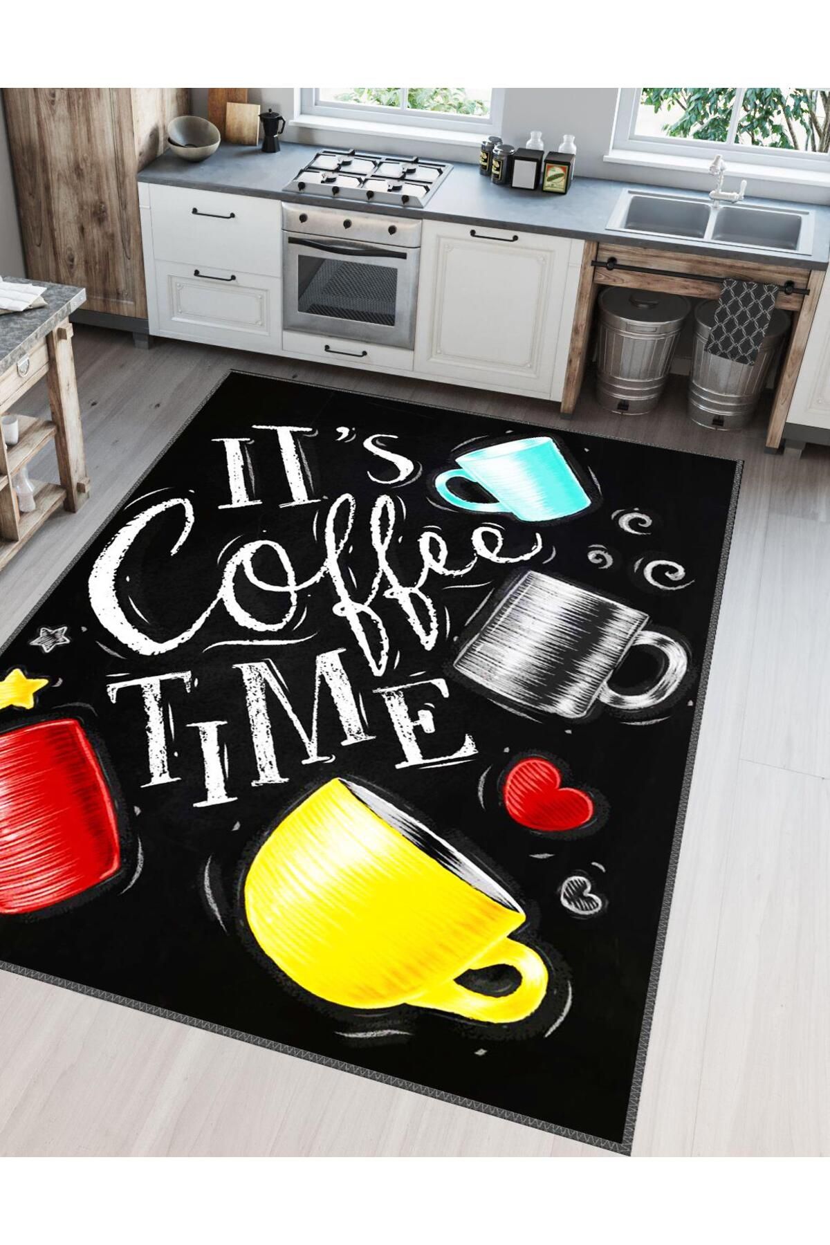 Serteks Coffe Time Kaymaz Tabanlı Makinede Yıkanabilir Mutfak Halısı