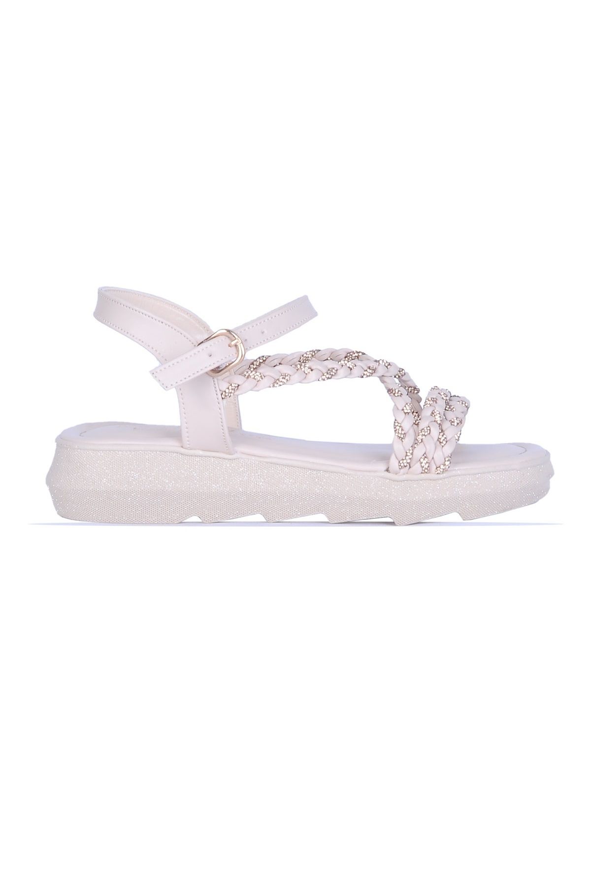 moda ayakkabım Moda Ayakkabı 852 Syh-Krem Yazlık Düz Sandalet Ayakkabı