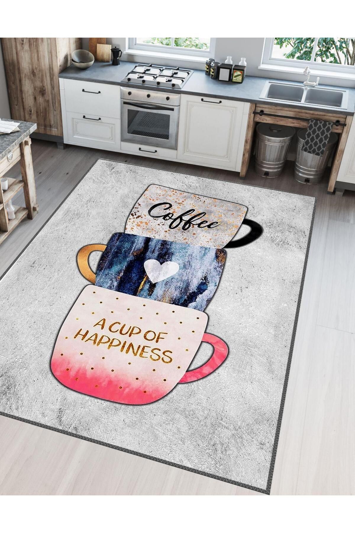 Serteks A Cup Of Happines Kaymaz Tabanlı Makinede Yıkanabilir Mutfak Halısı