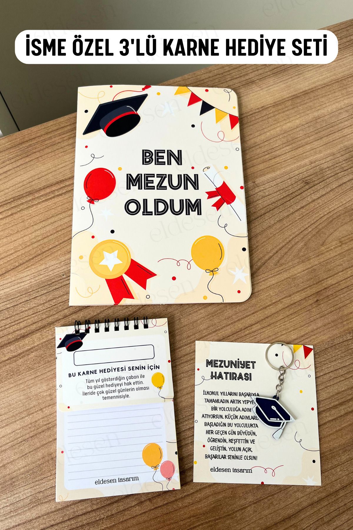 Eldesen Tasarım İsme Özel Karne Hediyesi 3'lü Set, Karne Kılıfı, Spiralli Defter, Anahtarlık
