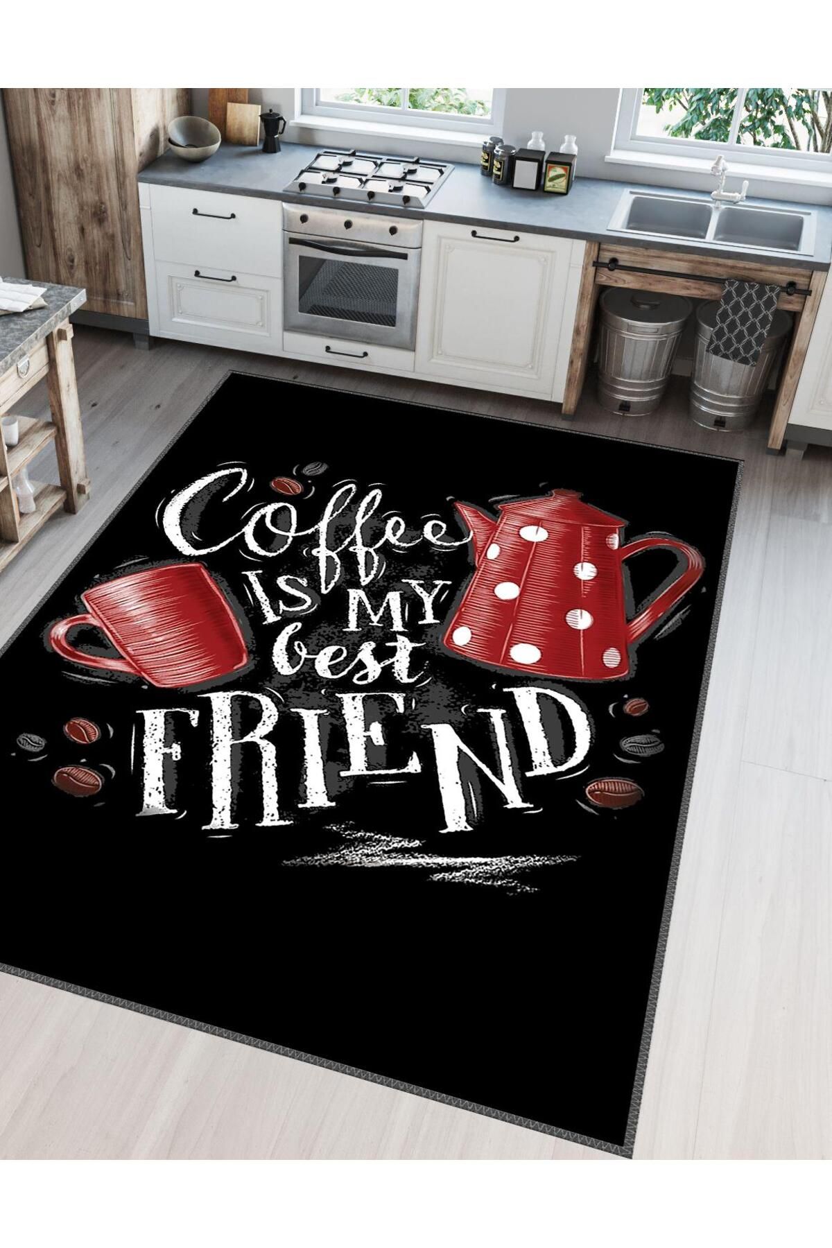 Serteks Coffee My Friend Kaymaz Tabanlı Makinede Yıkanabilir Mutfak Halısı