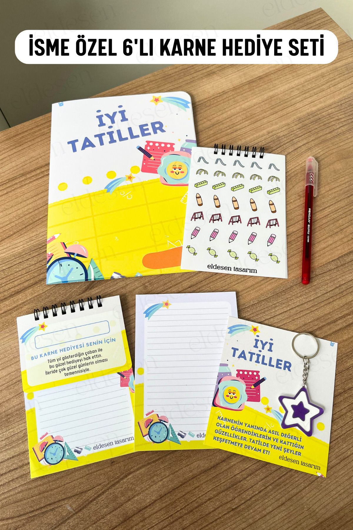 Eldesen Tasarım İsme Özel Karne Hediyesi 6'lı Set, Karne Kılıfı, Spiralli Defter, Anahtarlık, Etiket, Bloknot, Kalem