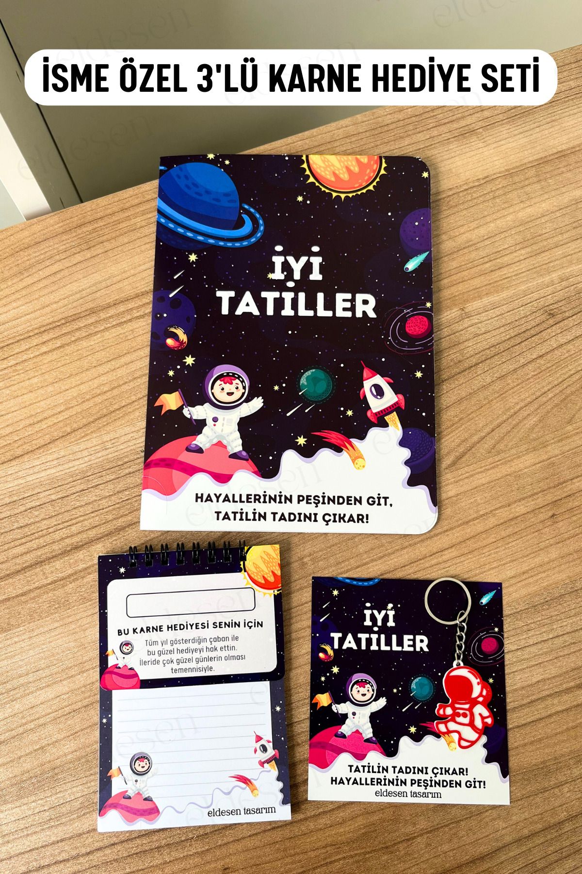 Eldesen Tasarım İsme Özel Karne Hediyesi 3'lü Set, Karne Kılıfı, Spiralli Defter, Anahtarlık
