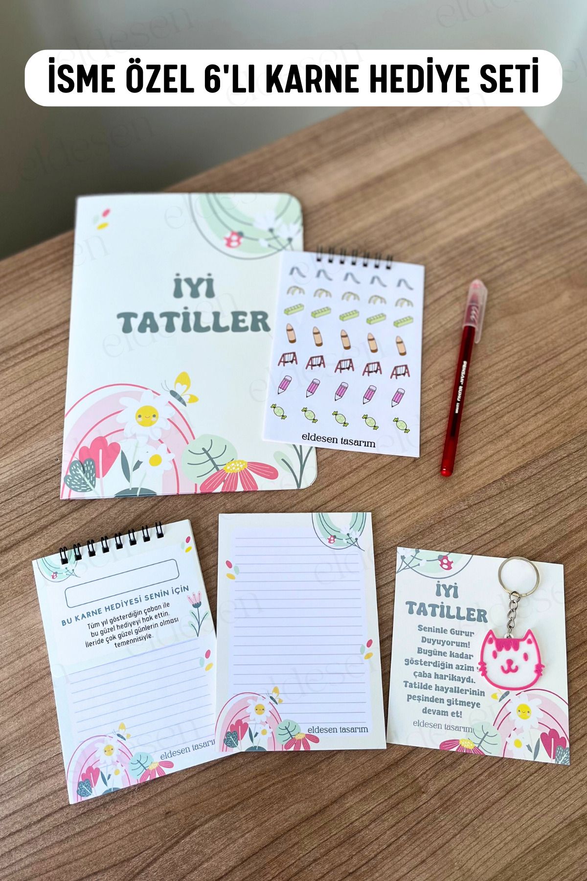 Eldesen Tasarım İsme Özel Karne Hediyesi 6'lı Set, Karne Kılıfı, Spiralli Defter, Anahtarlık, Etiket, Bloknot, Kalem