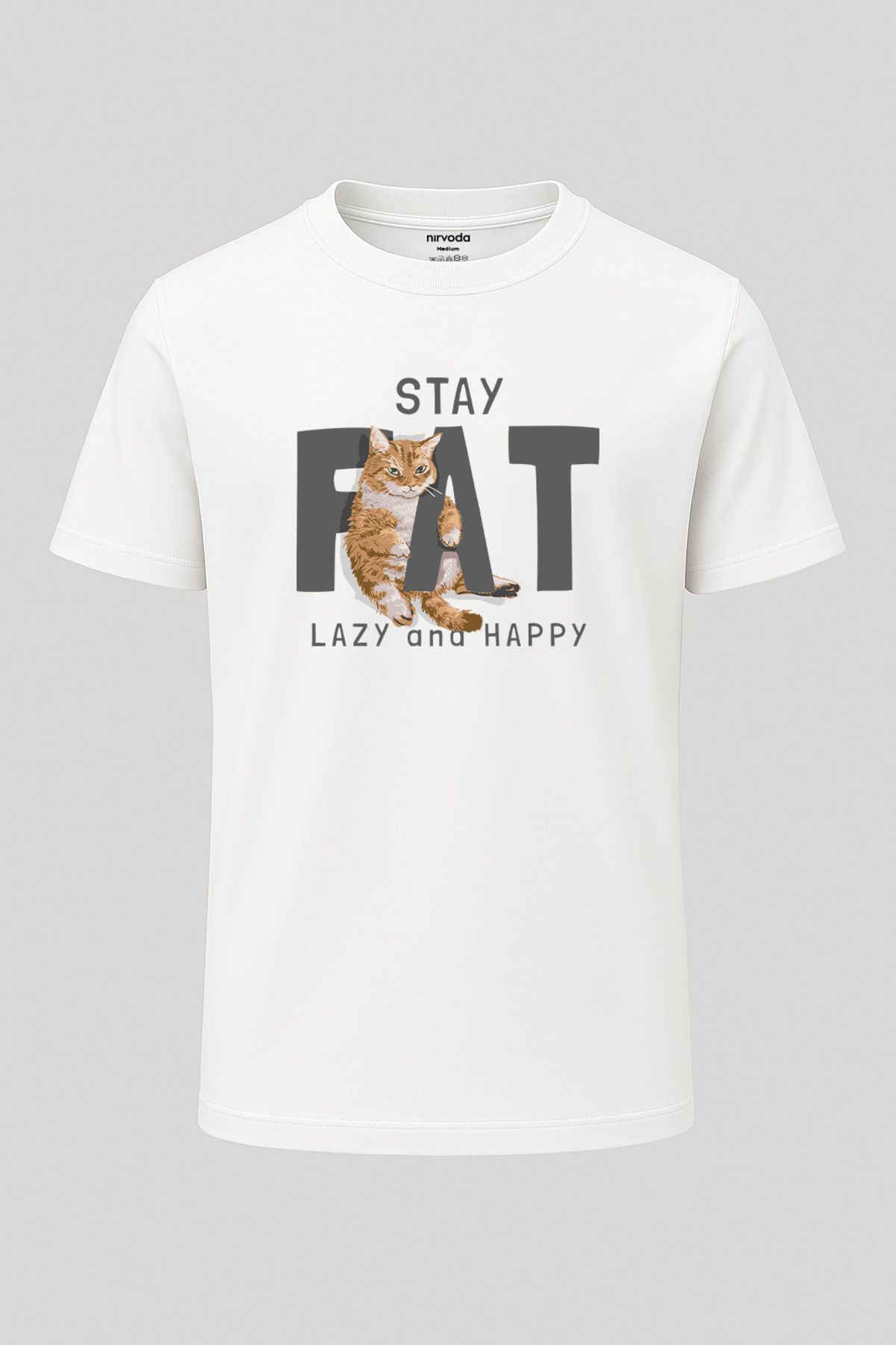nirvoda Unisex Tembel ve Mutlu Kedi Baskılı Tişört - Uzun T-shirt