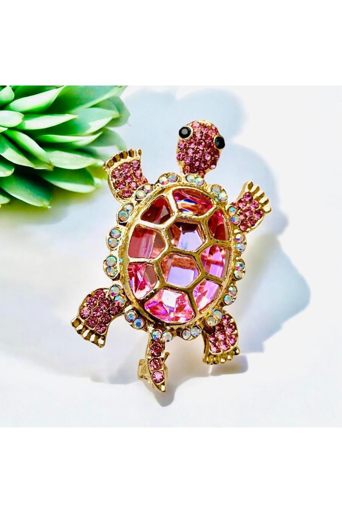 Rachel Silver Pembe Zirkon Taşlı Altın Renk Tasarım Kaplumbağa Broş
