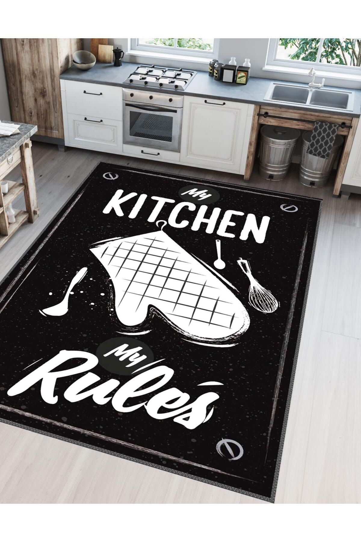 Serteks Kitchen Siyah Beyaz Kaymaz Tabanlı Makinede Yıkanabilir Mutfak Halısı
